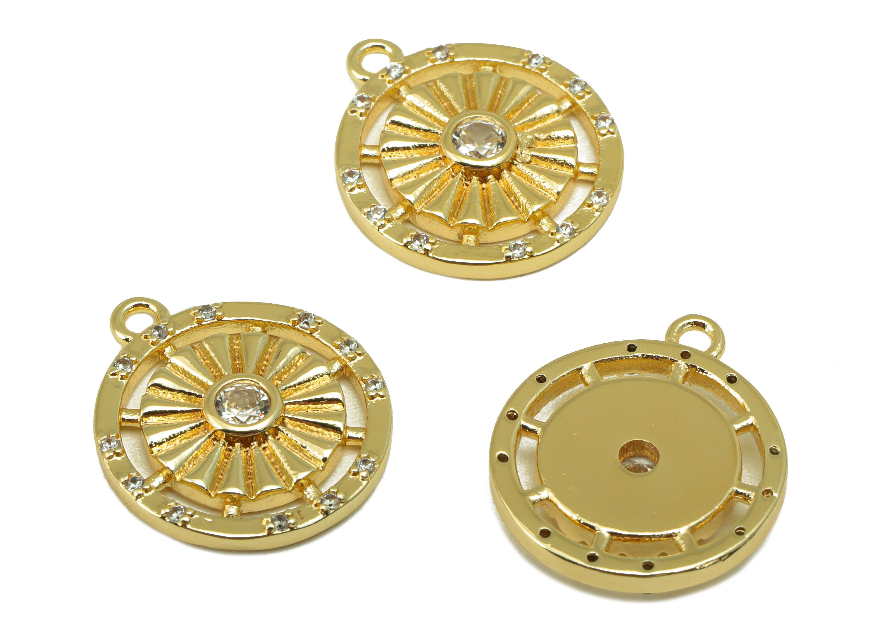 Brass Round Earring Charm - Cubic Zircon Textured Sun Charm -Flower Wavy Pendant - For Necklace- 18K Real Gold Plated -17x15x3mm- RGP6509 - DOMEDBAZAAR