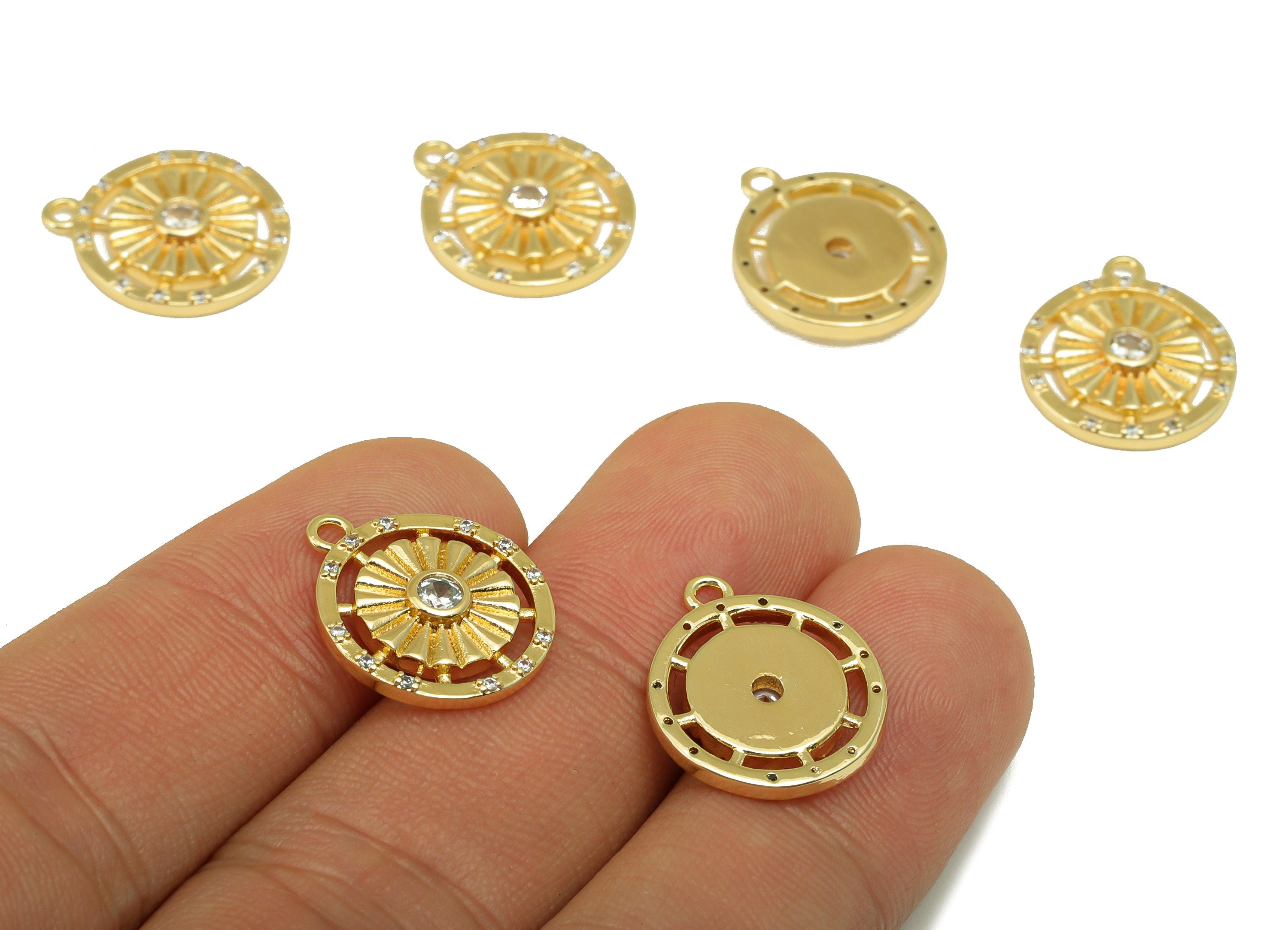 Brass Round Earring Charm - Cubic Zircon Textured Sun Charm -Flower Wavy Pendant - For Necklace- 18K Real Gold Plated -17x15x3mm- RGP6509 - DOMEDBAZAAR