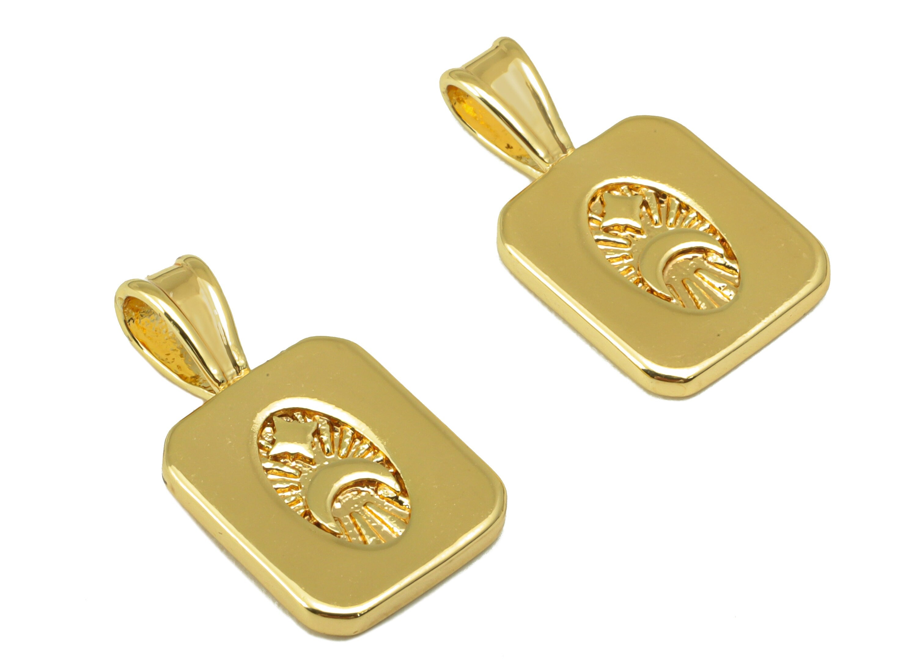 Brass Oval Rectangle Earring Charm - Textured Crescent Charm - Moon Star Pendant - For Necklace -18K Real Gold Plated -18x10x2mm- RGP6511 - DOMEDBAZAAR