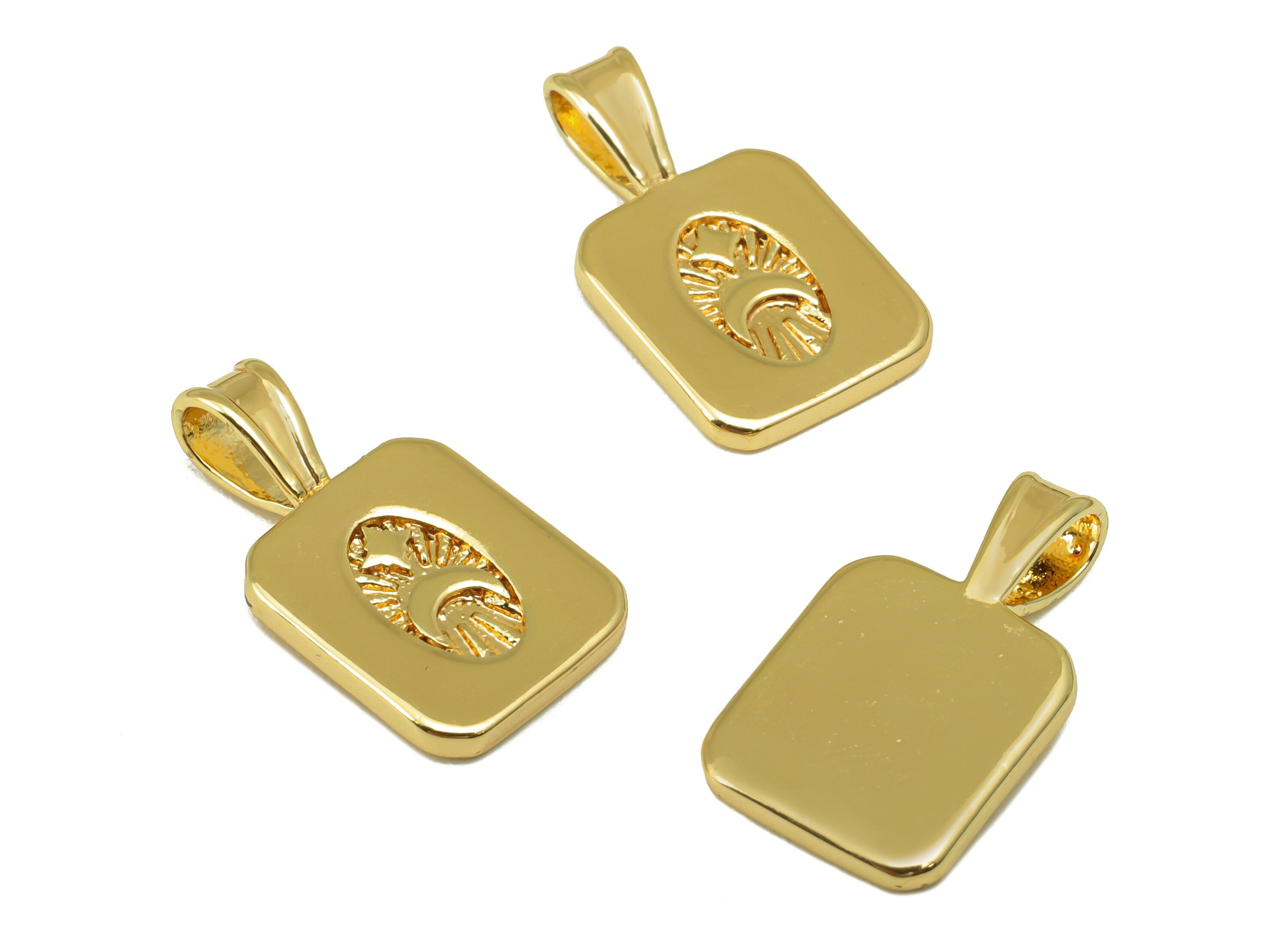 Brass Oval Rectangle Earring Charm - Textured Crescent Charm - Moon Star Pendant - For Necklace -18K Real Gold Plated -18x10x2mm- RGP6511 - DOMEDBAZAAR