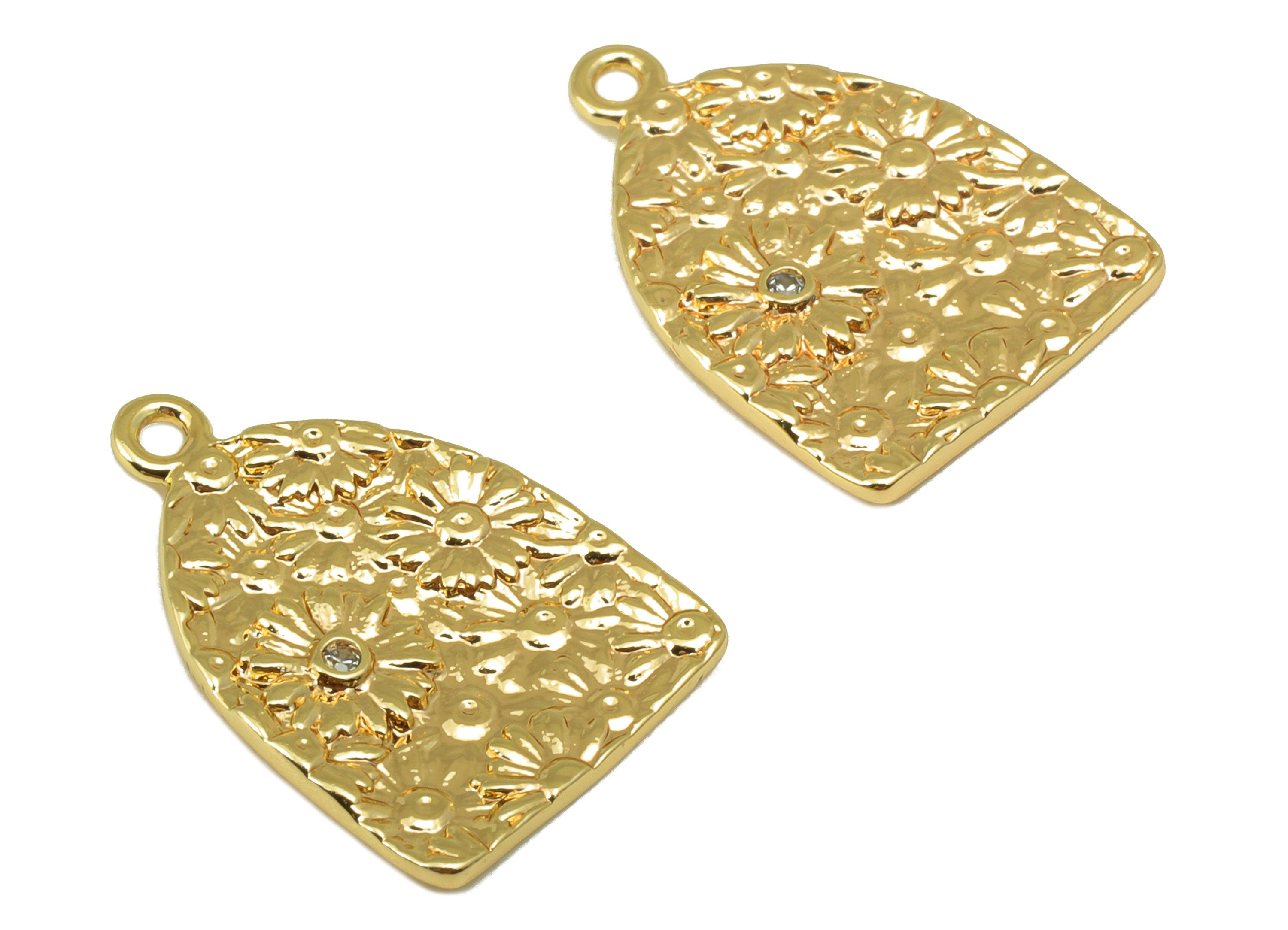Brass Domed Earring Charm - Cubic Zircon Textured Flower Charm -Daisy CZ Pendant - For Necklace -18K Real Gold Plated -17x12x1.22mm- RGP6513 - DOMEDBAZAAR