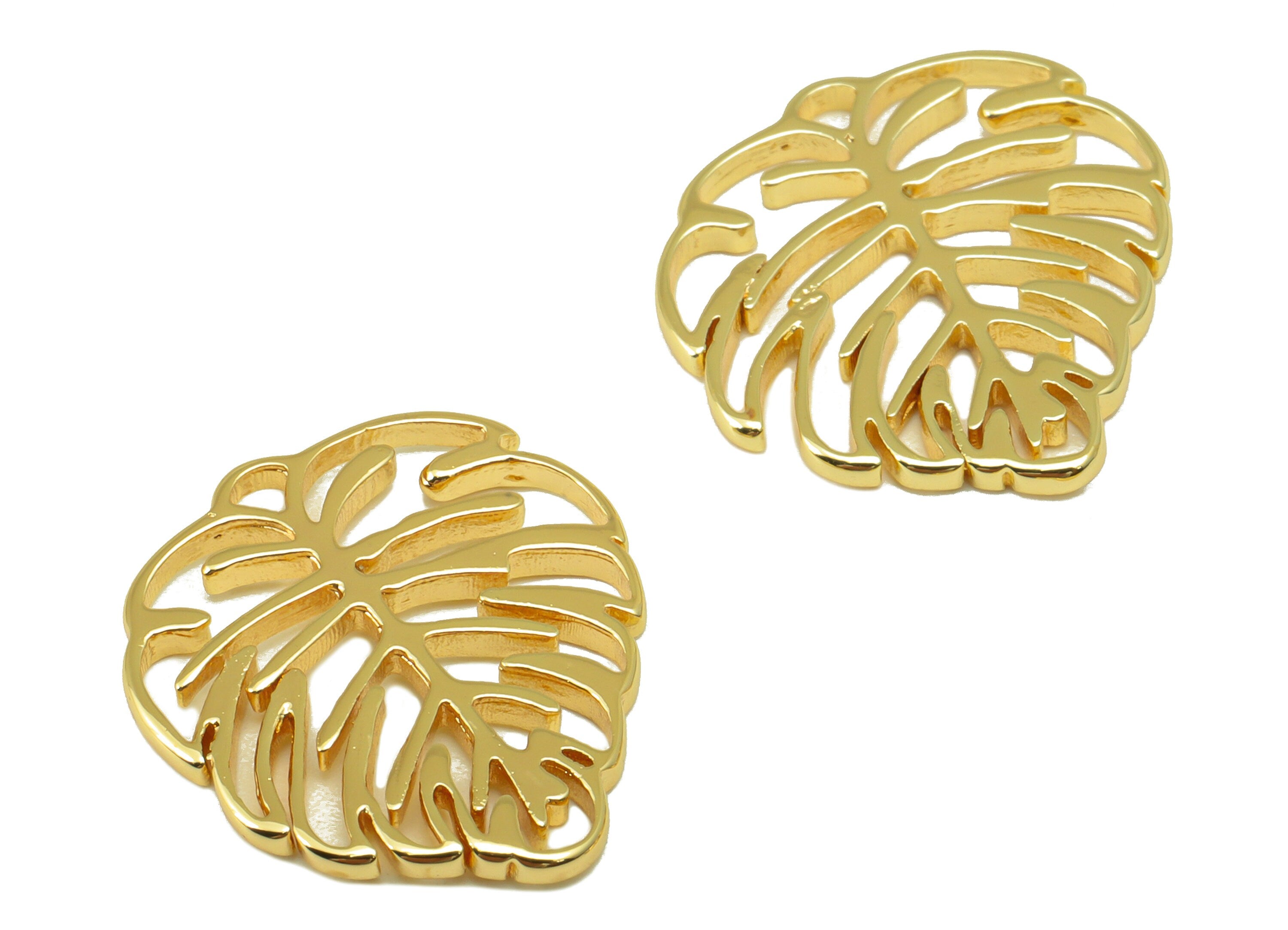 Brass Leaf Earring Charm - Brass Monstera Charm - Brass Botanical Pendant - For Necklace -18K Real Gold Plated -19x17x1.54mm- RGP6514 - DOMEDBAZAAR
