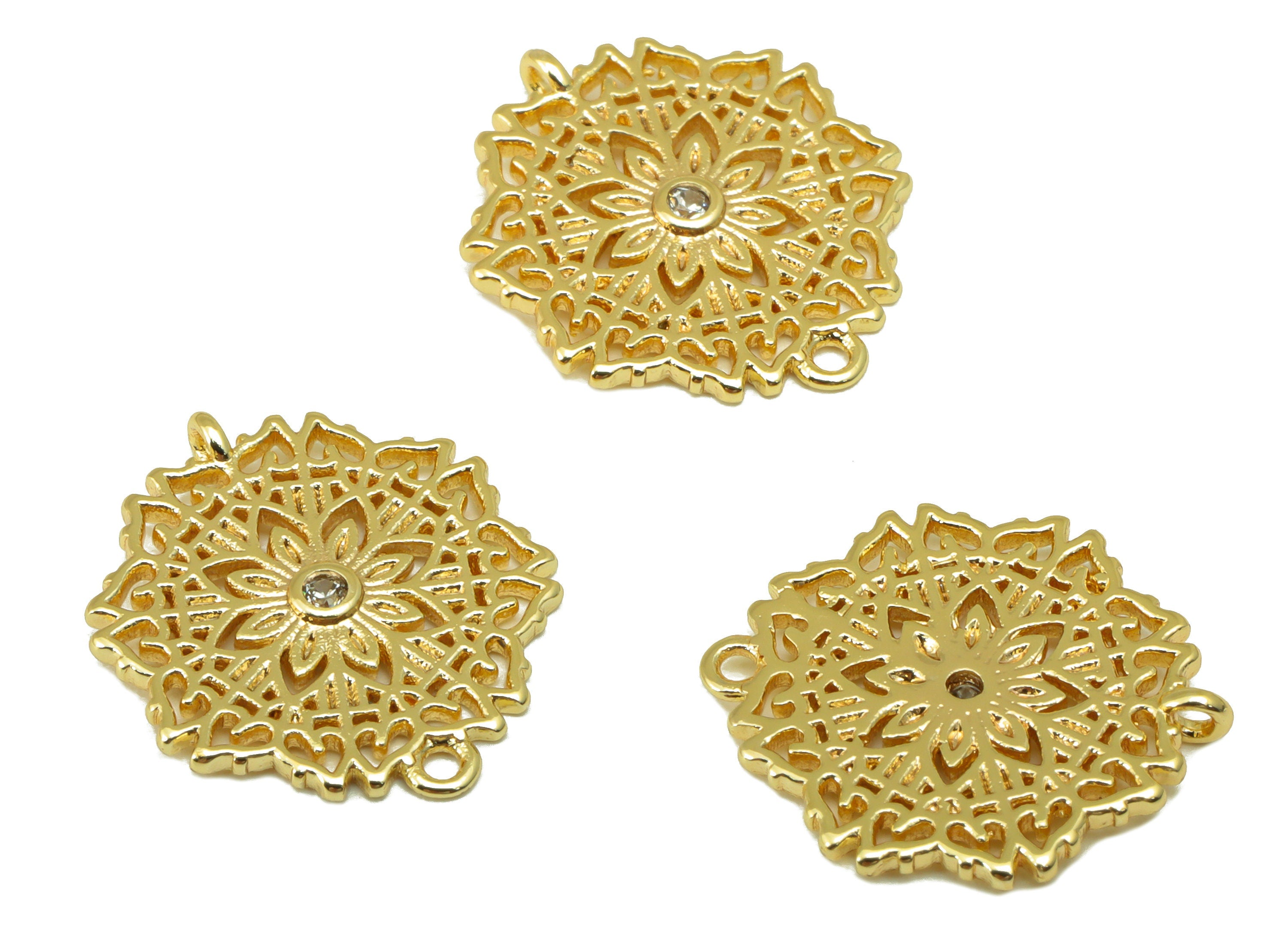 Brass Flower Connector - Brass Cubic Zirconia Earring Charm - Lotus Hollow Pendant - For Necklace - 18K Real Gold Plated -17x14x1mm- RGP6517 - DOMEDBAZAAR