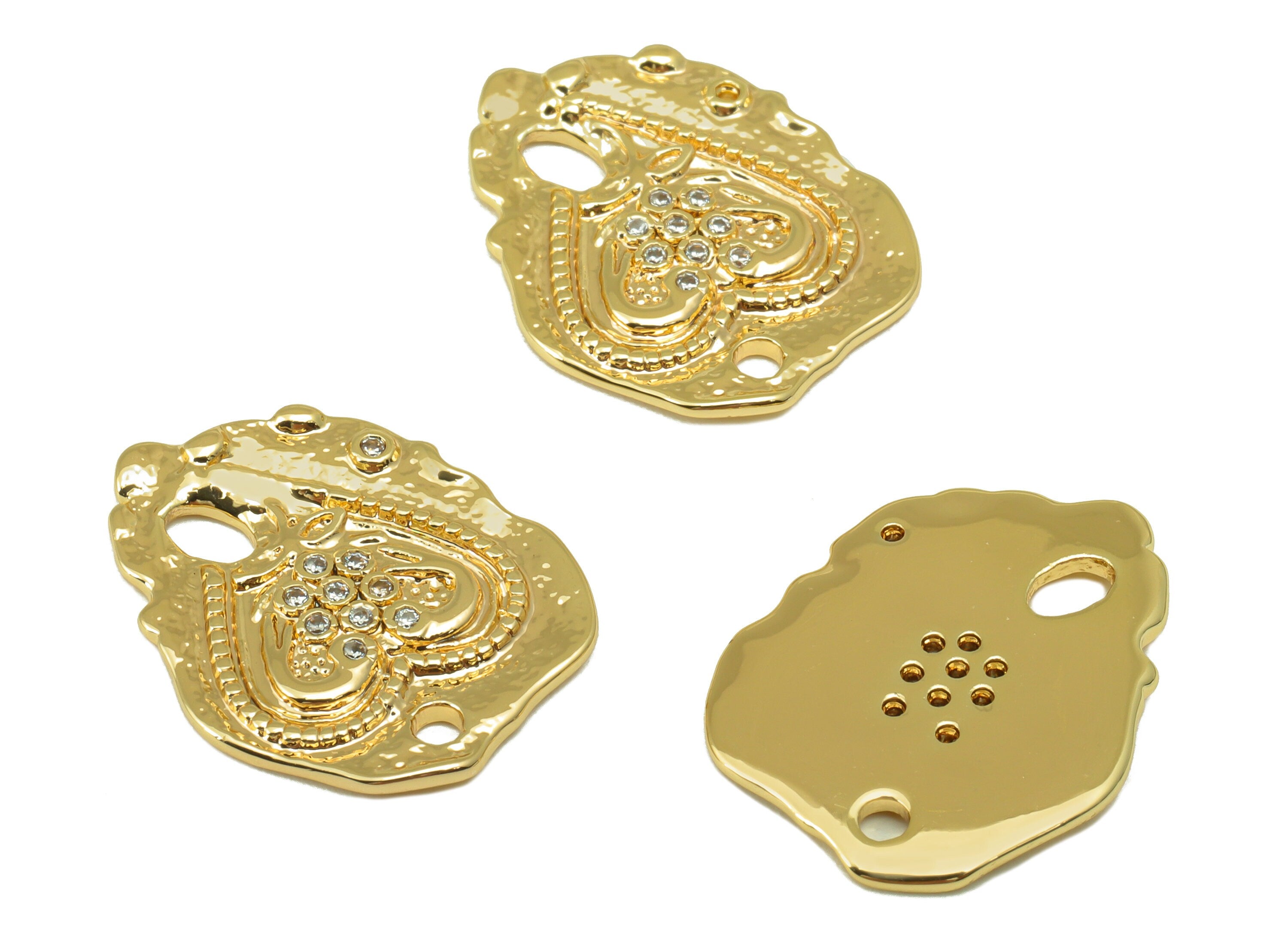 Brass Textured Earring Charm - Heart CZ Charm -Cubic Zirconia Antique Looking Pendant- For Necklace-18K Real Gold Plated -20x16x1mm- RGP6532 - DOMEDBAZAAR