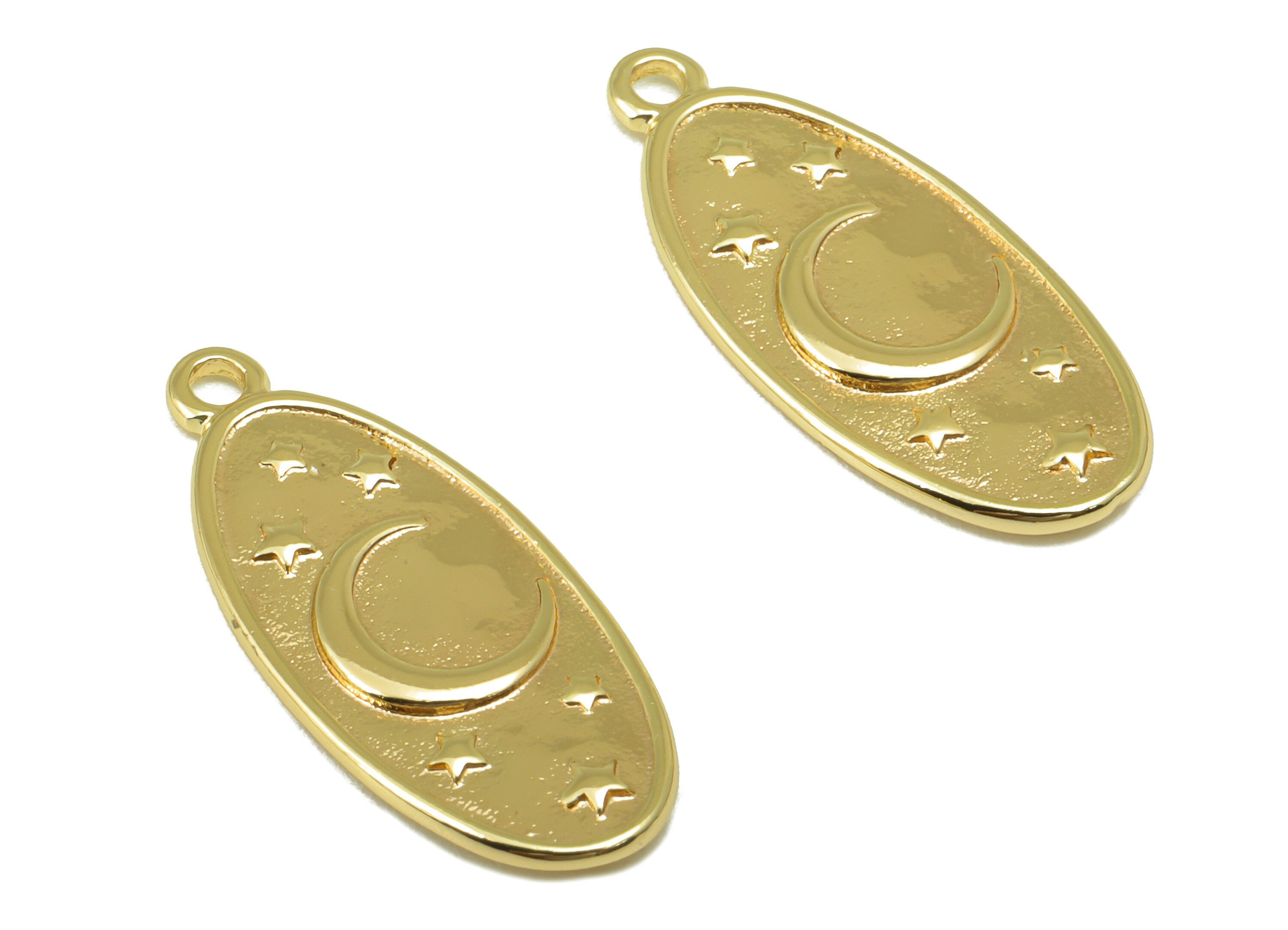 Brass Ellipse Earring Charm - Brass Crescent Night Sky Charm - Oval Moon Star Pendant- For Necklace - 18K Real Gold Plated-24x10x1mm-RGP6533 - DOMEDBAZAAR