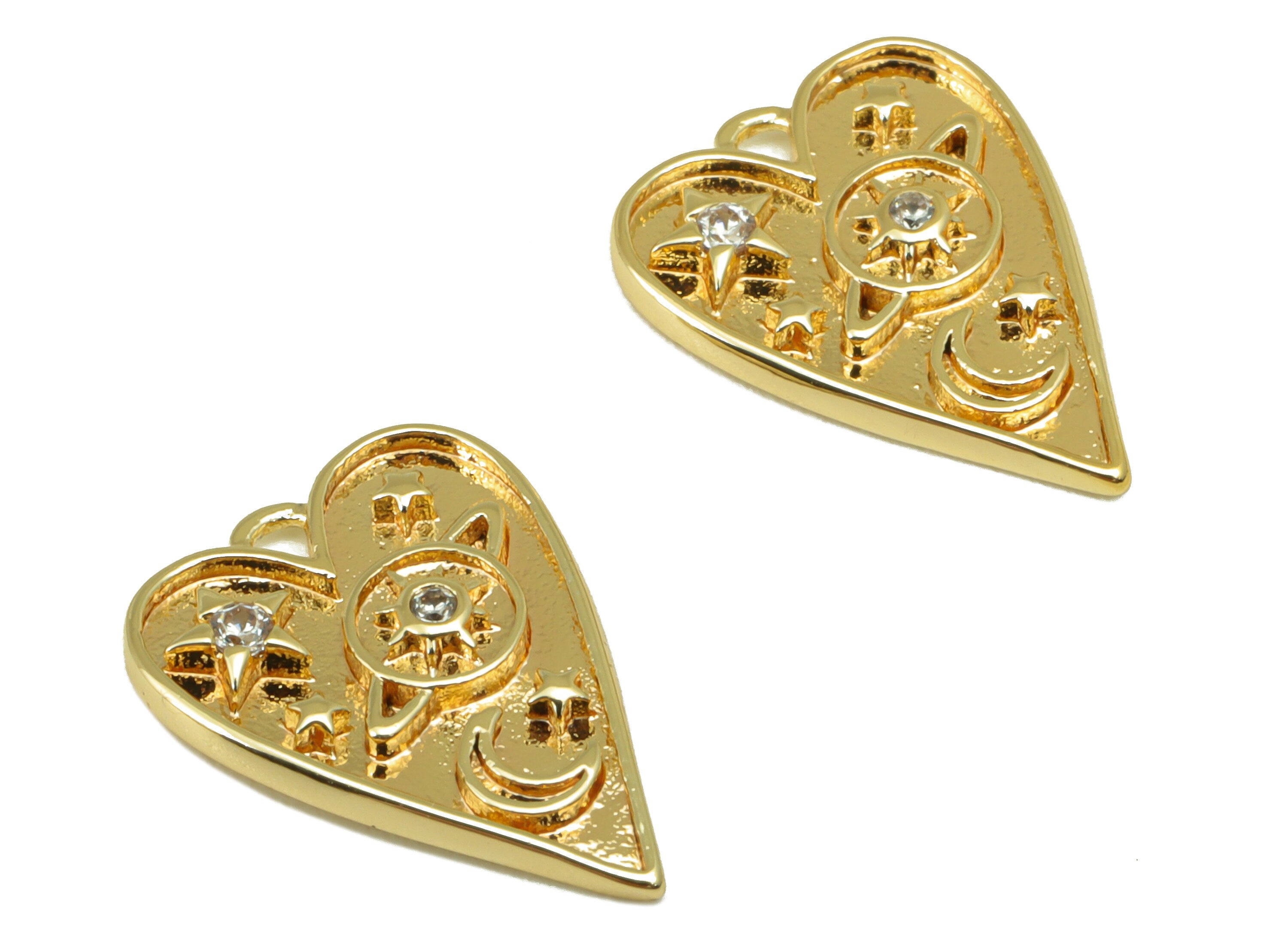 Brass Heart Earring Charm - Brass Cubic Zircon Sun - Crescent Saturn Bleart Pendant- For Necklace -18K Real Gold Plated-15x11x2mm- RGP6535 - DOMEDBAZAAR