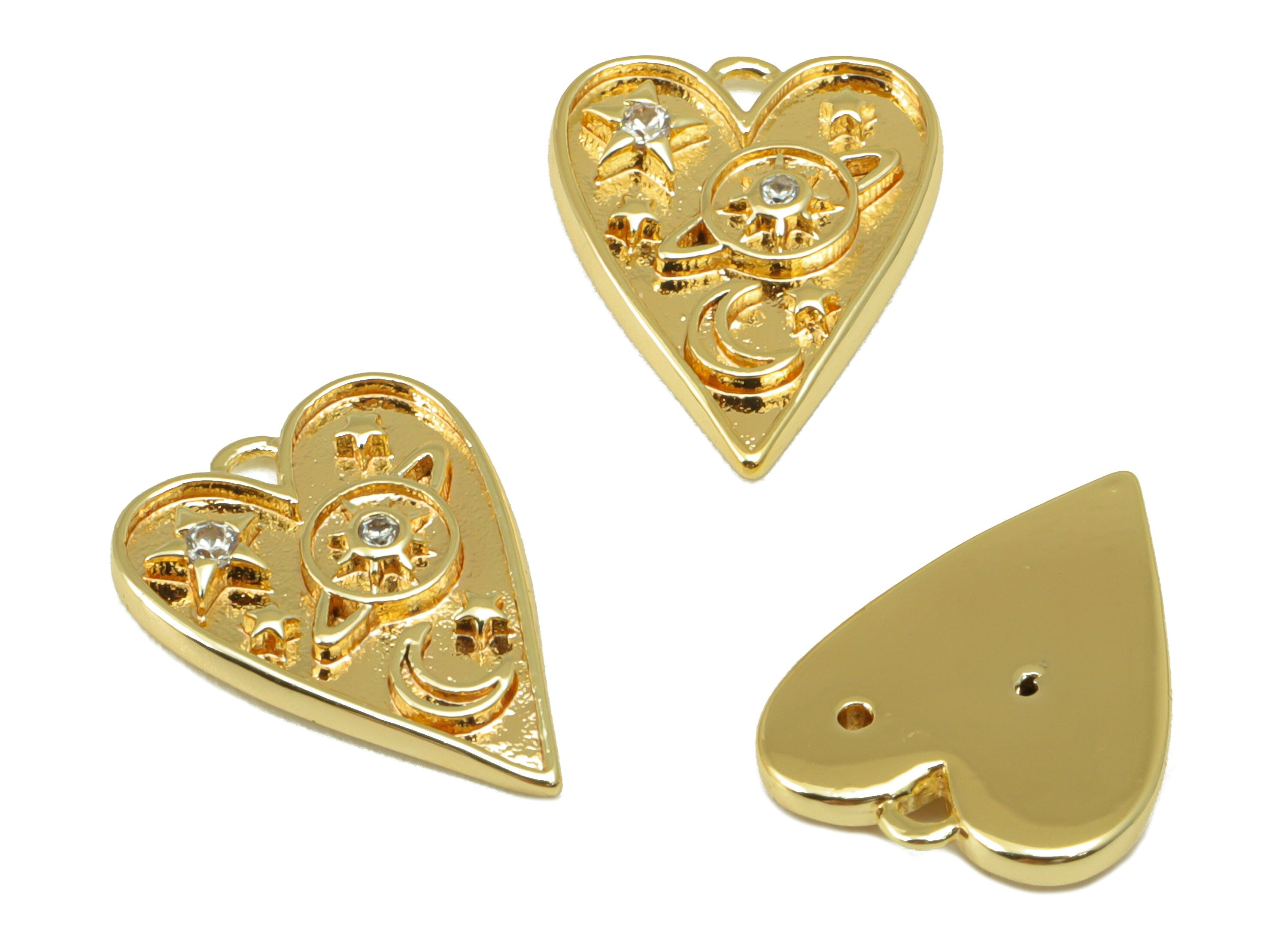 Brass Heart Earring Charm - Brass Cubic Zircon Sun - Crescent Saturn Bleart Pendant- For Necklace -18K Real Gold Plated-15x11x2mm- RGP6535 - DOMEDBAZAAR