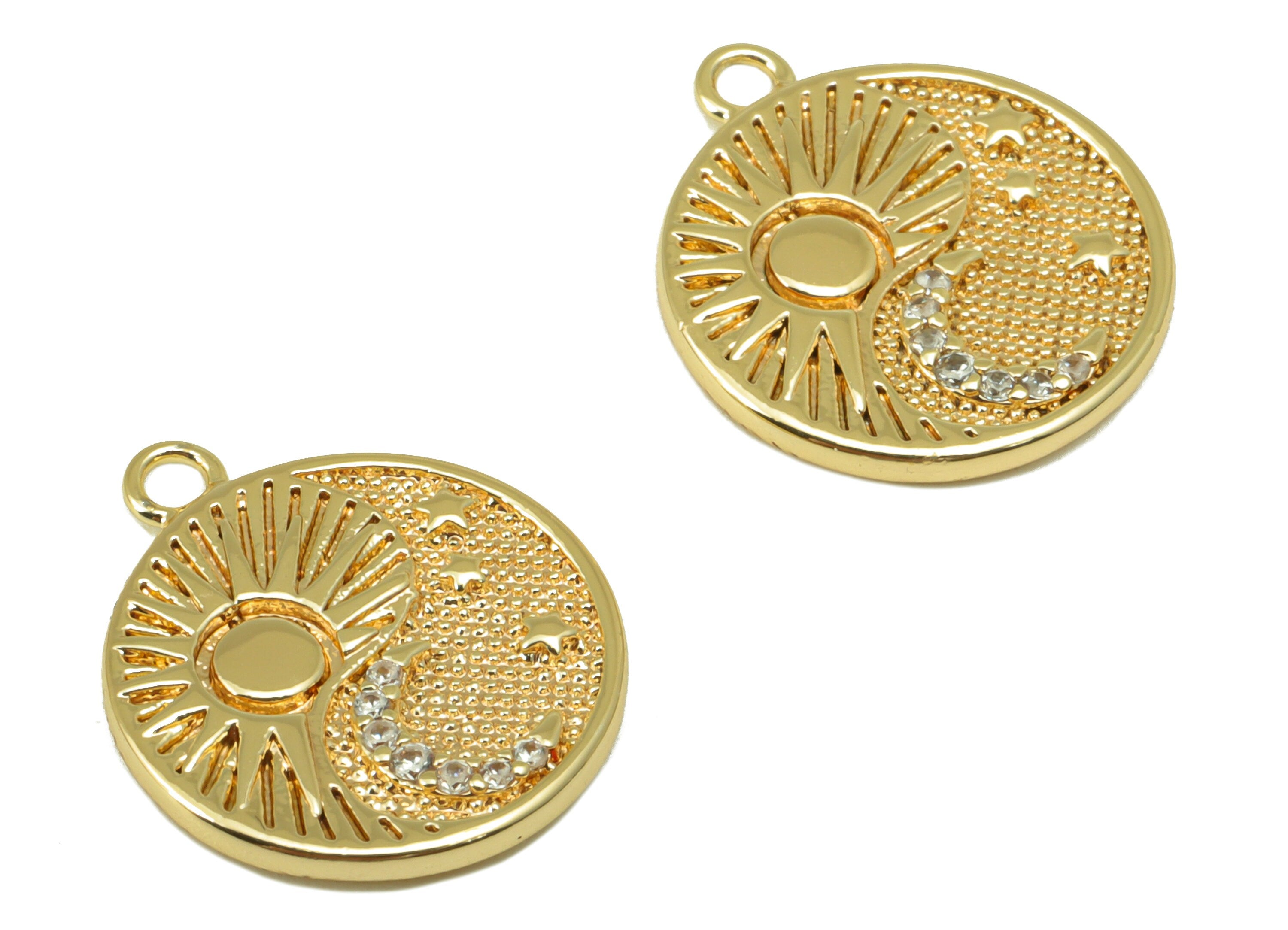 Brass Moon Earring Charm - Brass Cubic Zircon Night Sky Charm -Crescent CZ Pendant- For Necklace -18K Real Gold Plated-17x15x1.65mm- RGP6539 - DOMEDBAZAAR