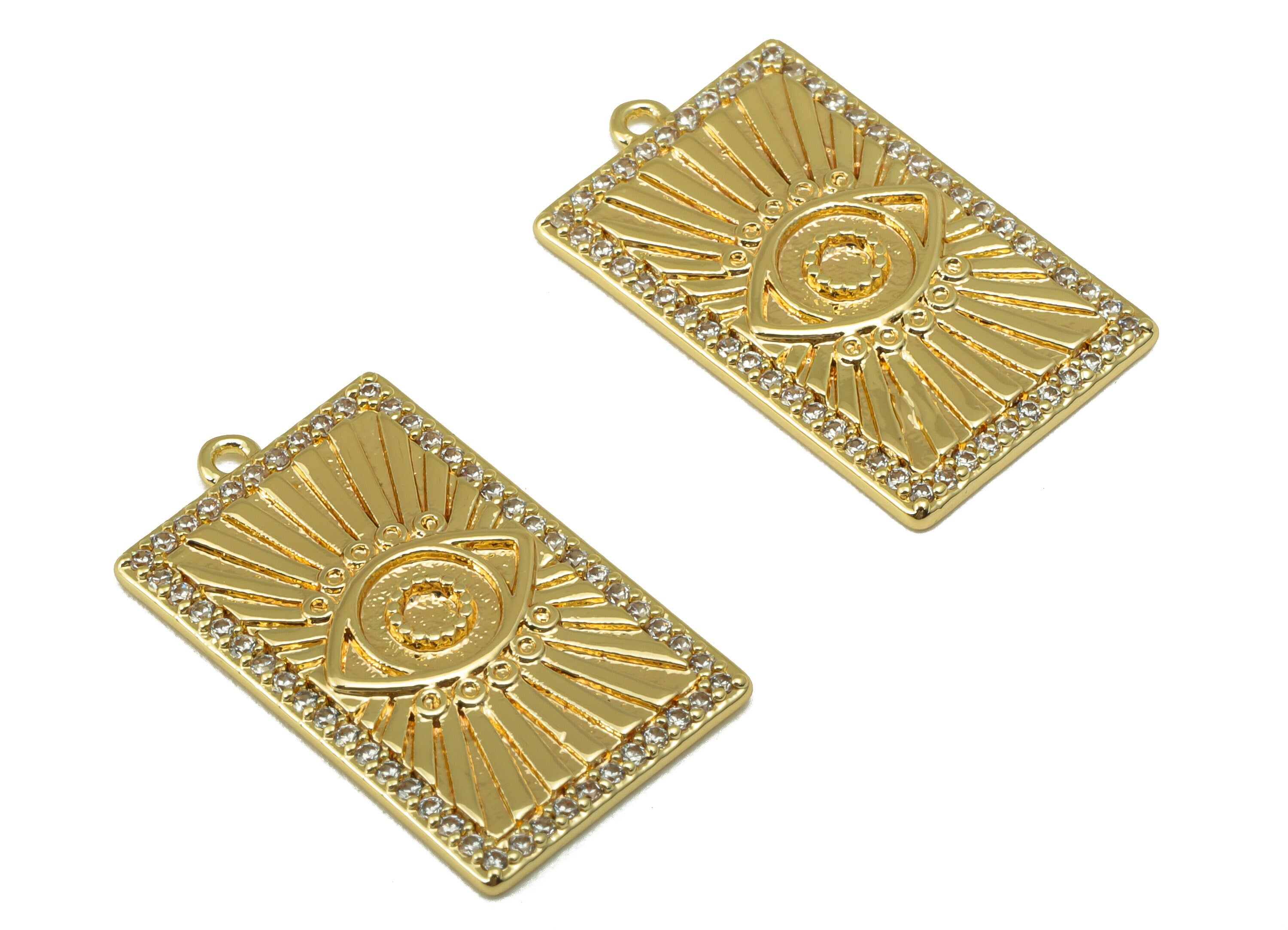 Brass Rectangle Earring Charm - Cubic Zircon Eyelash Charm -Textured Dot CZ Pendant- For Necklace -18K Real Gold Plated-22x13x1.8mm- RGP6545 - DOMEDBAZAAR