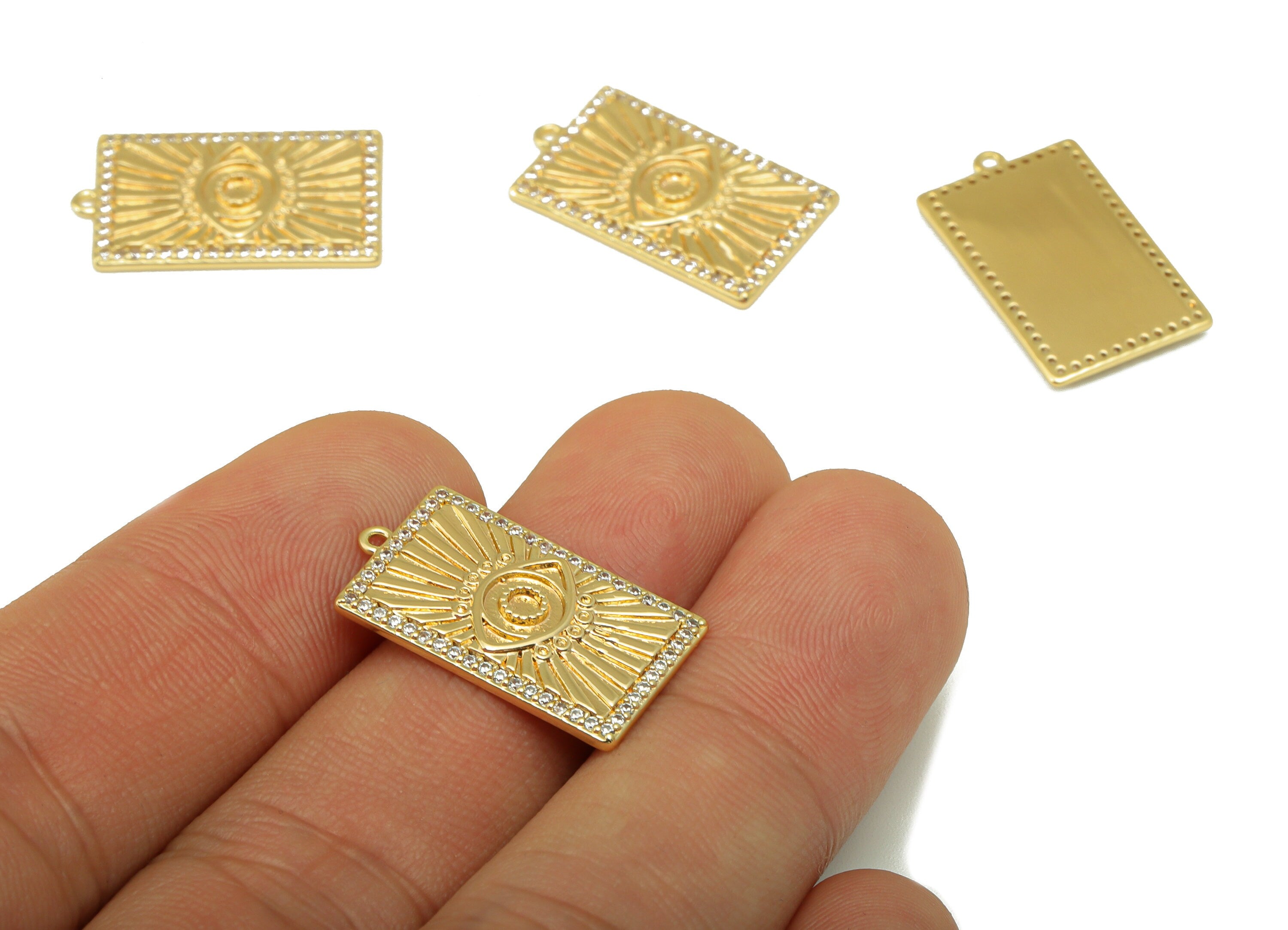 Brass Rectangle Earring Charm - Cubic Zircon Eyelash Charm -Textured Dot CZ Pendant- For Necklace -18K Real Gold Plated-22x13x1.8mm- RGP6545 - DOMEDBAZAAR