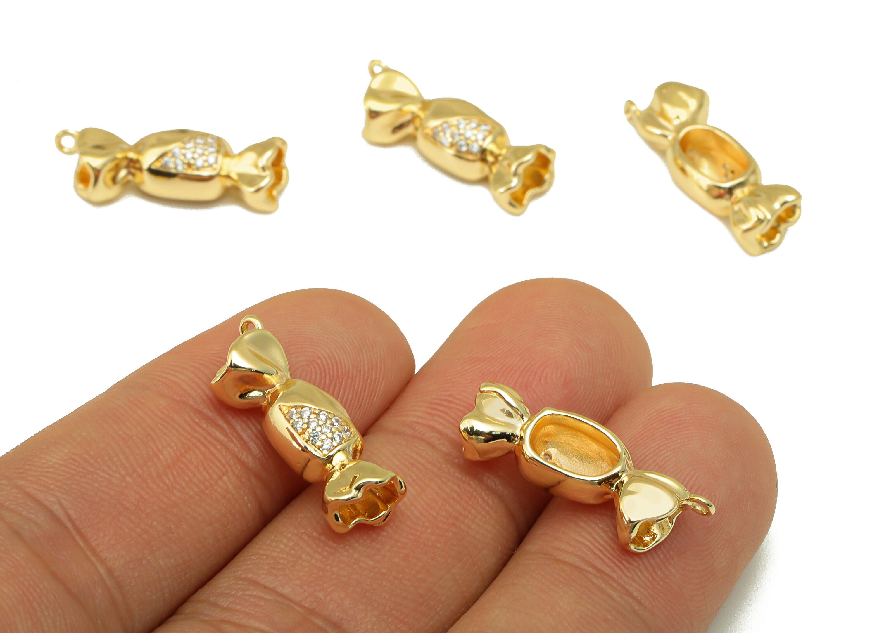 Brass Candy Earring Charm - Candy Cubic Zircon Eye Charm - Gold Candy CZ Pendant - For Necklace - 18K Real Gold Plated - 22x8x5mm - RGP6557 - DOMEDBAZAAR