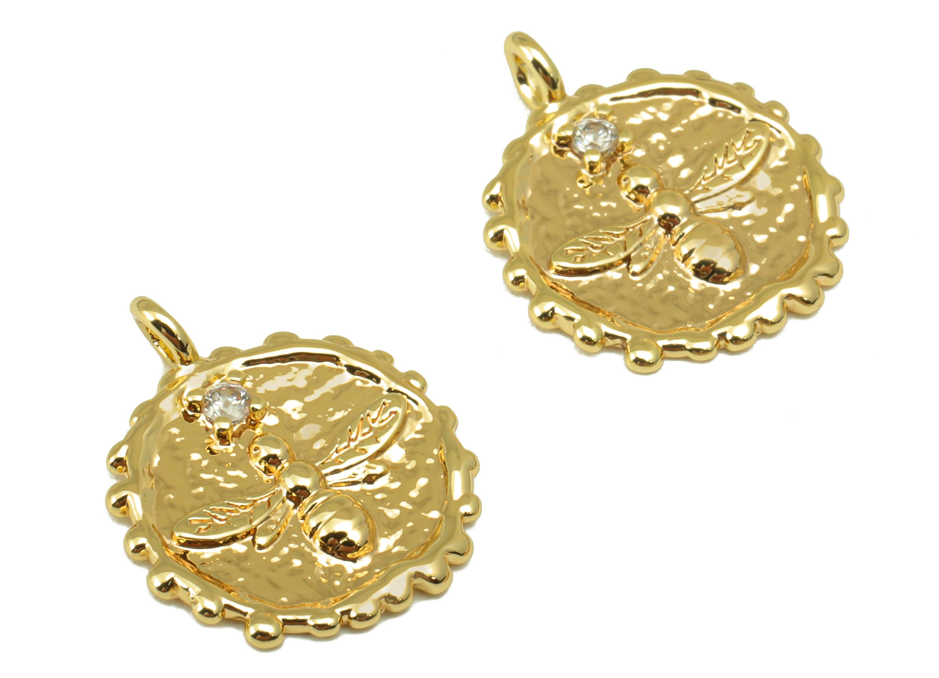 Brass Bee Earring Charm - Hammered Cubic Zircon Charm - Animal CZ Pendant - For Necklace - 18K Real Gold Plated -15x13x1.31mm - RGP6575 - DOMEDBAZAAR