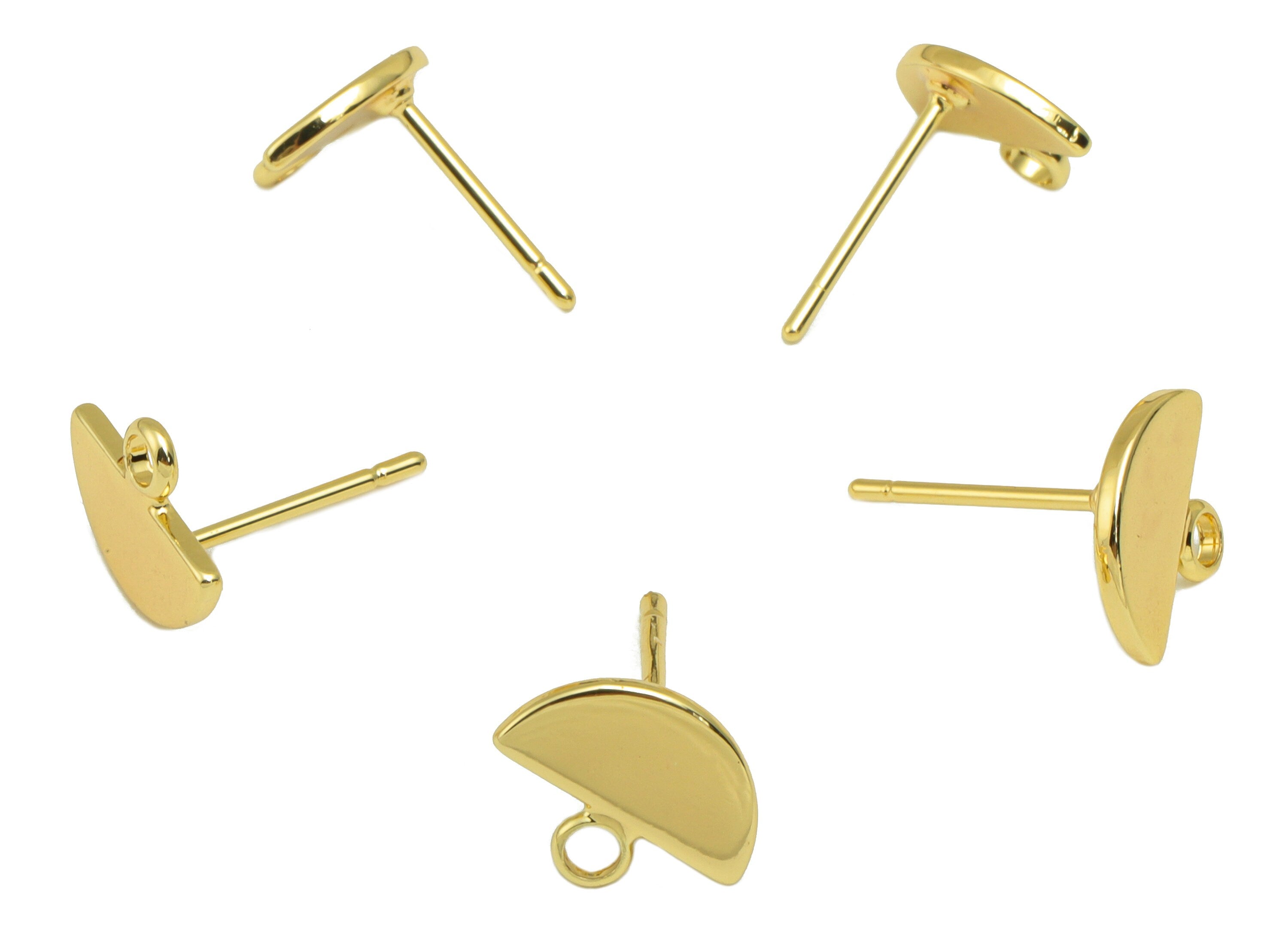Brass Half Circle Earring Post - Brass Half Moon Earring Stud With Loop- 18K Real Gold Plated- Jewelry Supplies - 10x5x1mm- RGP1084- RGP1804 - DOMEDBAZAAR