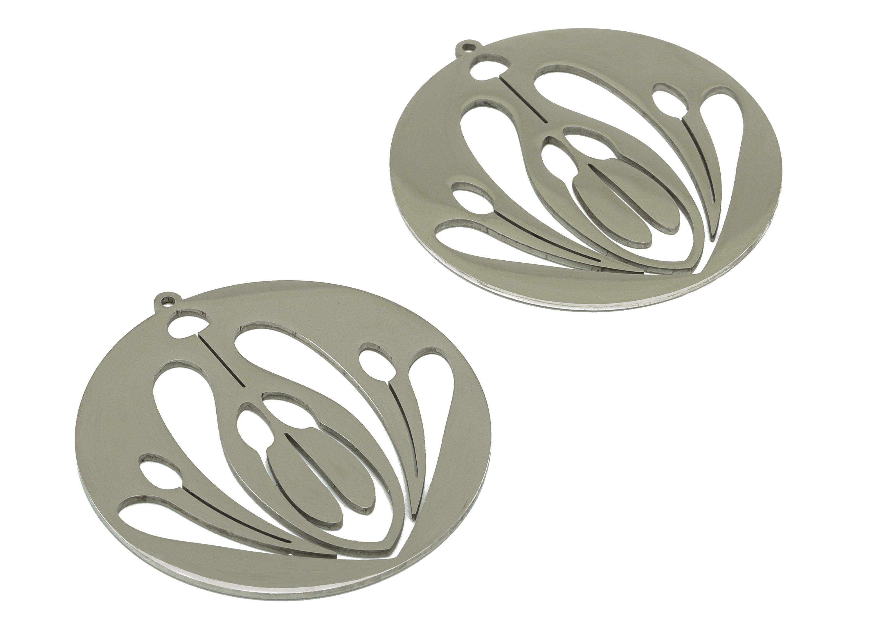 Stainless Steel Round Earring Charm - Flower Circle Pendant - Lotus For Necklace -201 Stainless Steel Earring Charm -42x40x1.14mm- SS1419 - DOMEDBAZAAR