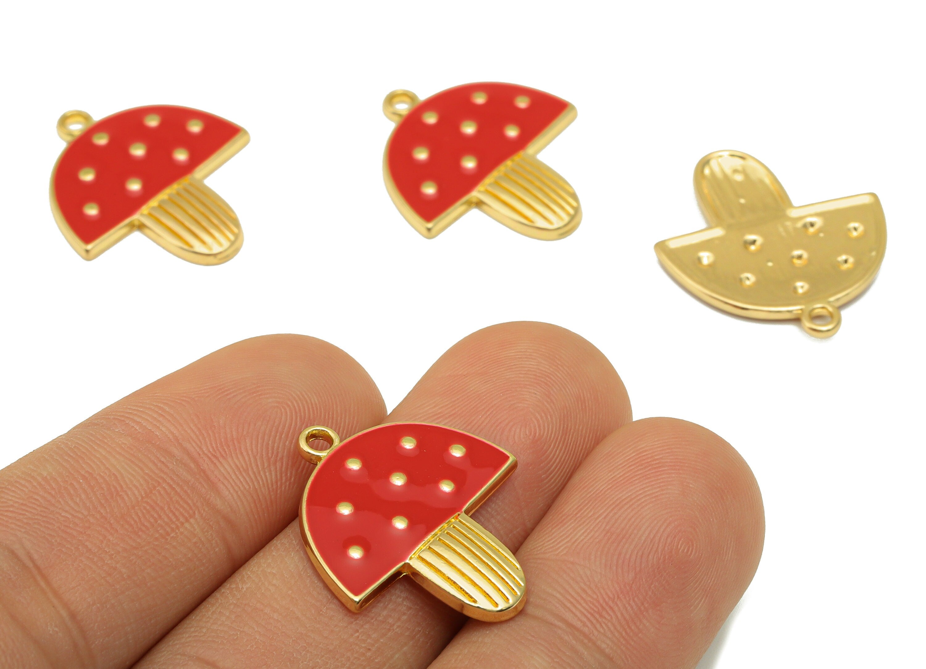 Alloy Mushroom Charms - Zinc Alloy Red Enamel Earring - Bracelet Pendant -For Necklace - Gold Tone Plated - 23.59 x 20.6 x 1.84mm- ZZ2030 - DOMEDBAZAAR