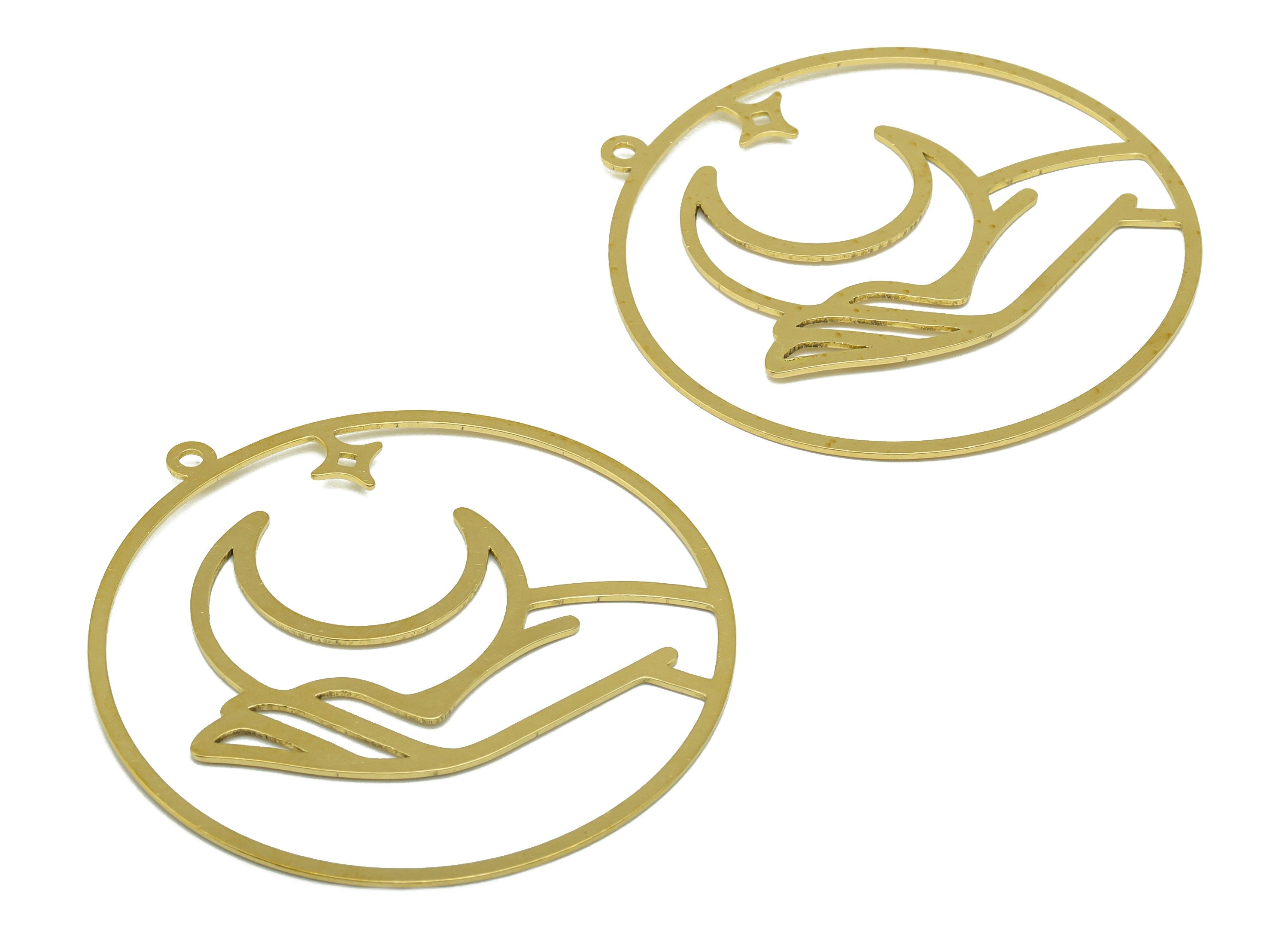 Brass Round Earring - Brass Hand Crescent Laser Cut Pendant - Brass Star Earring Charm- For Necklace -Moon on The Hand - 60x56x1mm- PP8520 - DOMEDBAZAAR