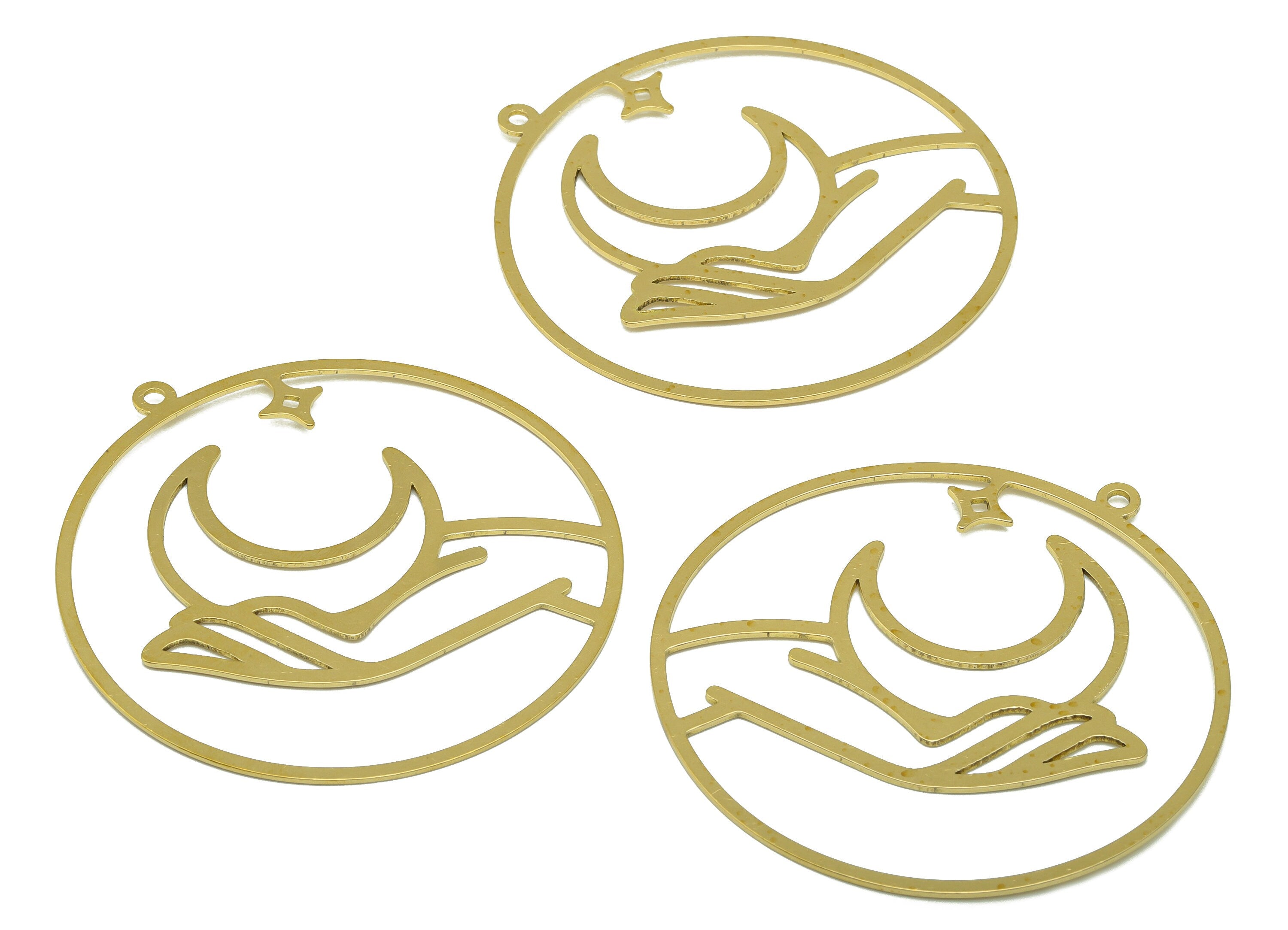 Brass Round Earring - Brass Hand Crescent Laser Cut Pendant - Brass Star Earring Charm- For Necklace -Moon on The Hand - 60x56x1mm- PP8520 - DOMEDBAZAAR