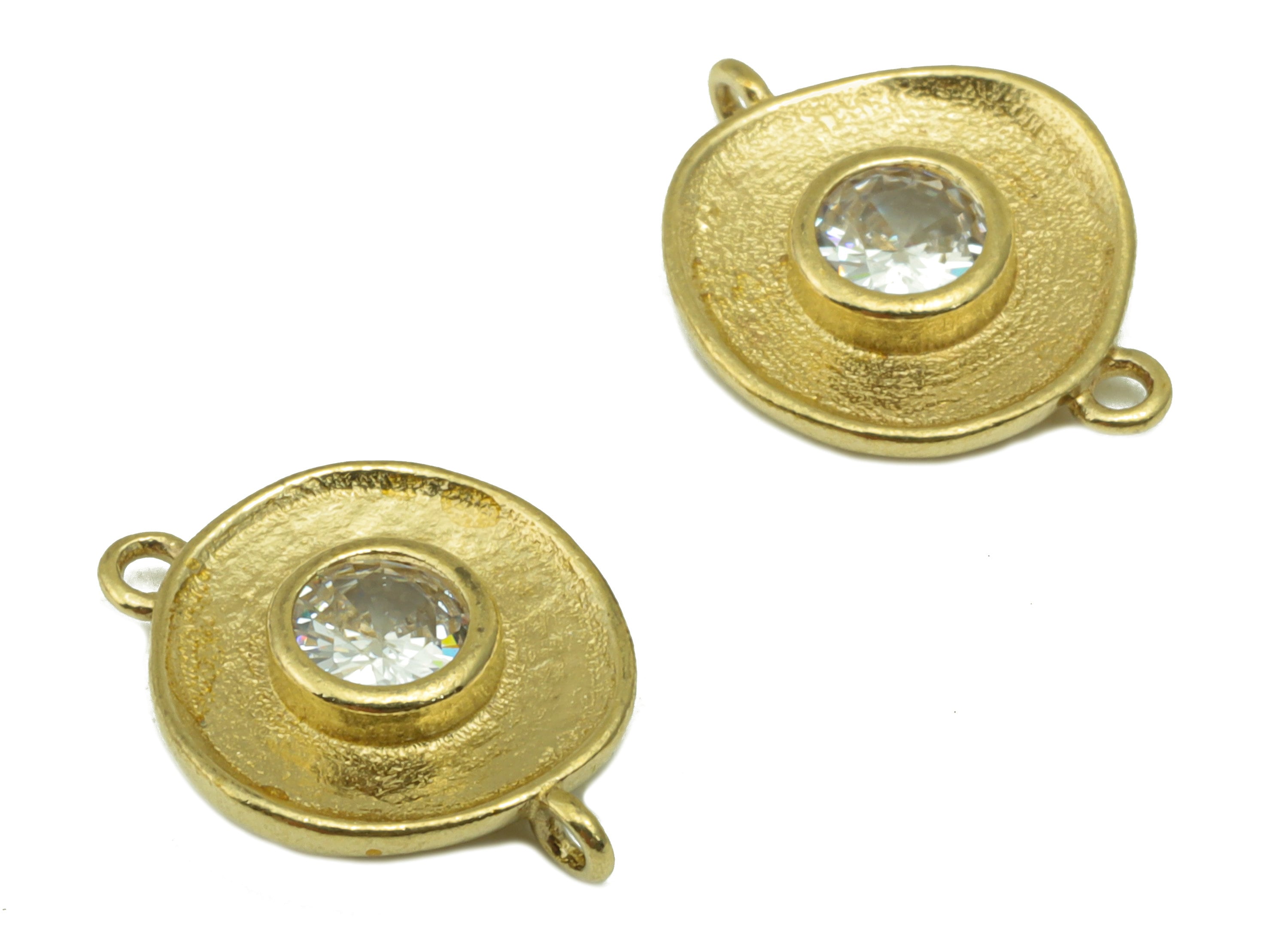 Brass Bent Round Connector -Raw Brass Textured CZ Necklace - Mini Cubic Zirconia Solitaire Pendant -Circle Earring Charm -14x11x3mm - PP8532 - DOMEDBAZAAR