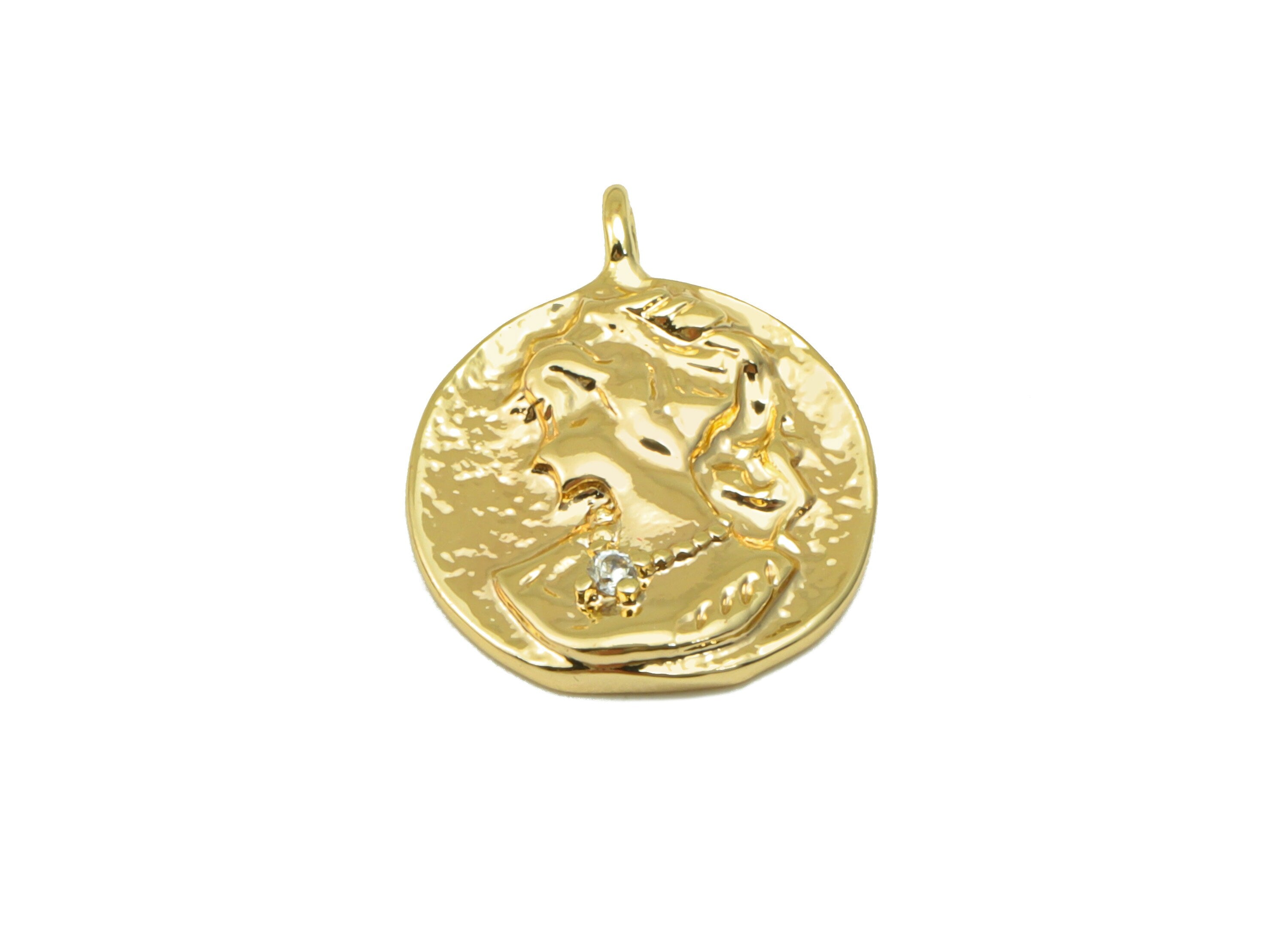 Brass Round Earring Charm - Hammered Girl Cubic Zircon Charm - Woman Antique Looking CZ Pendant - 18K Real Gold Plated -16x12x2mm-RGP4231 - DOMEDBAZAAR