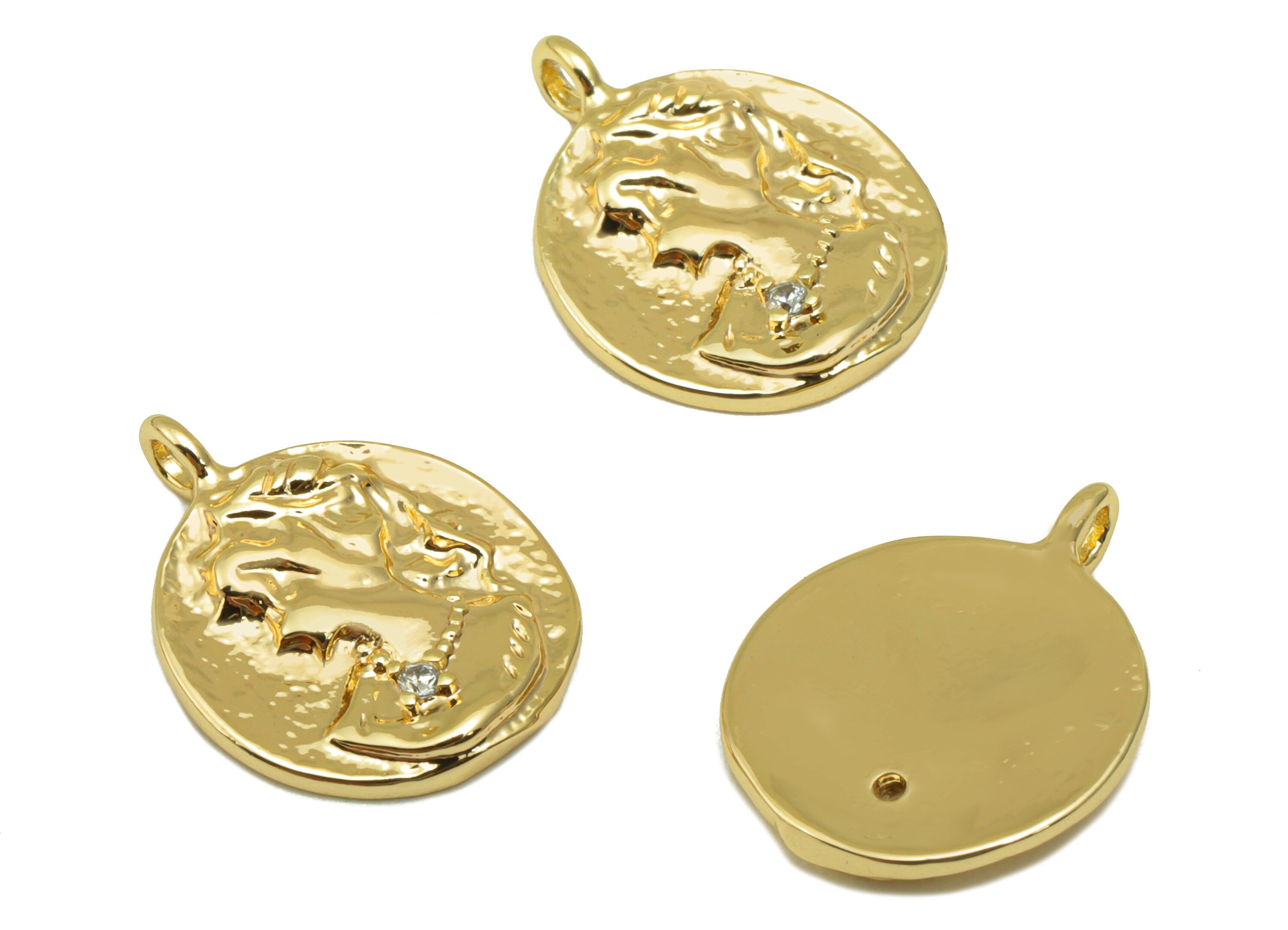Brass Round Earring Charm - Hammered Girl Cubic Zircon Charm - Woman Antique Looking CZ Pendant - 18K Real Gold Plated -16x12x2mm-RGP4231 - DOMEDBAZAAR