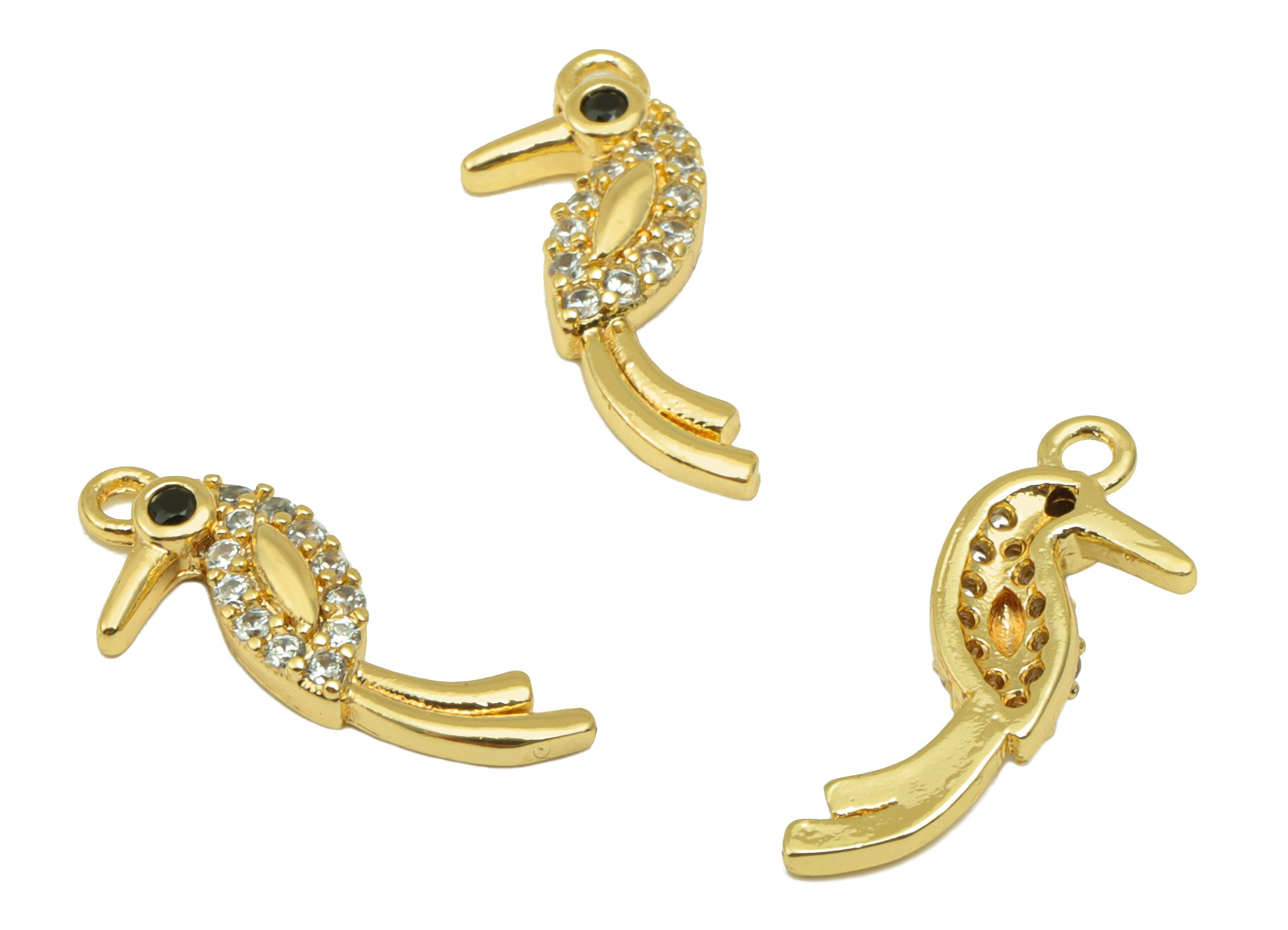 Brass Bird Earring Charm - Woodpecker Cubic Zircon Charm - Mini Seahorse CZ Pendant - For Necklace - 18K Real Gold Plated -17x7x2mm-RGP4092 - DOMEDBAZAAR