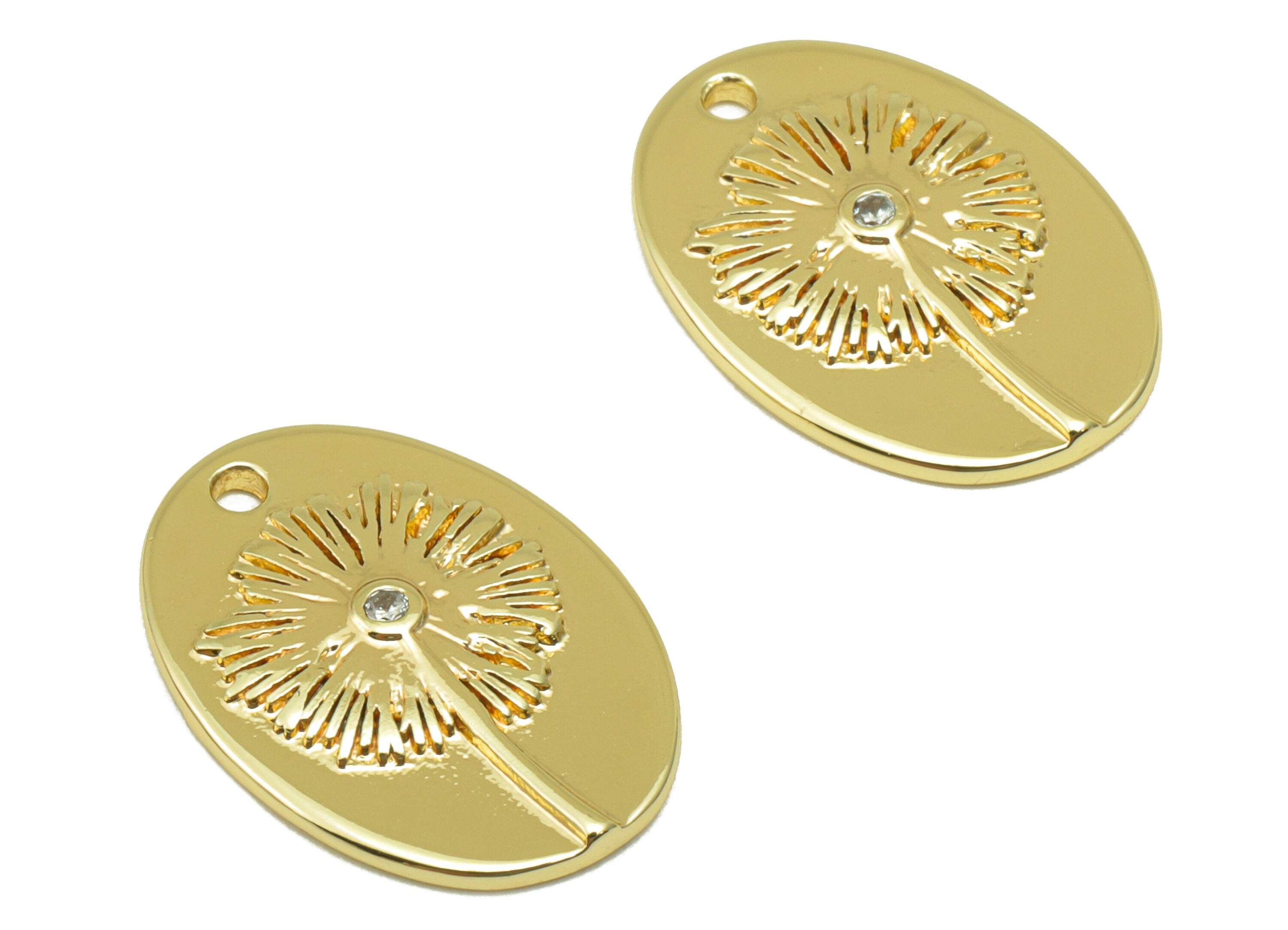 Brass Ellipse Earring Charm -Brass Flower Zircon Charm - Dandelion Oval CZ Pendant - For Necklace - 18K Real Gold Plated -18x13x2mm-RGP3375 - DOMEDBAZAAR