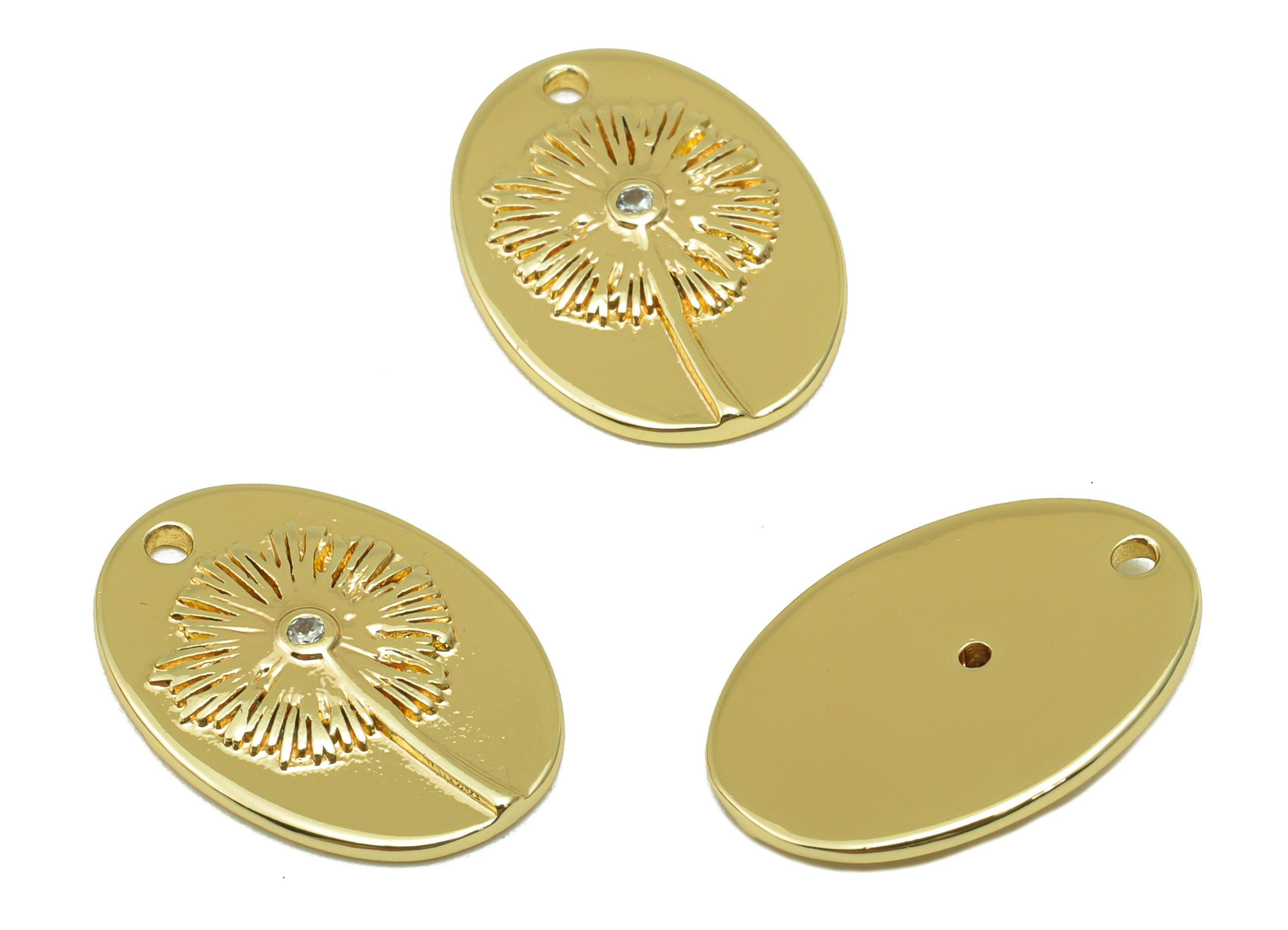 Brass Ellipse Earring Charm -Brass Flower Zircon Charm - Dandelion Oval CZ Pendant - For Necklace - 18K Real Gold Plated -18x13x2mm-RGP3375 - DOMEDBAZAAR