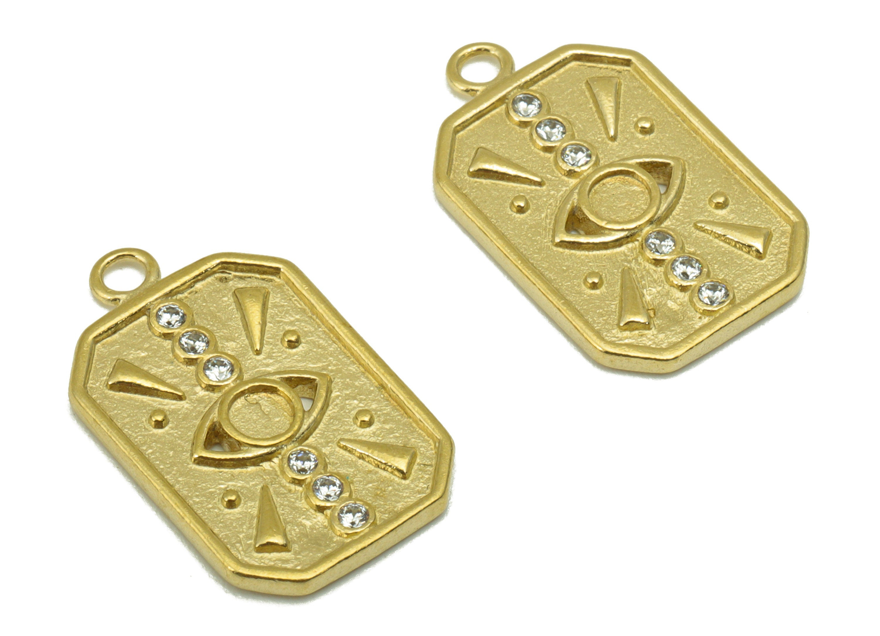 Brass Rectangle Eye Pendant - Raw Brass -Cubic Zircon  - For Necklace - Jewelry Supplies -20x 12.6x 1.68mm-PP8457 - DOMEDBAZAAR