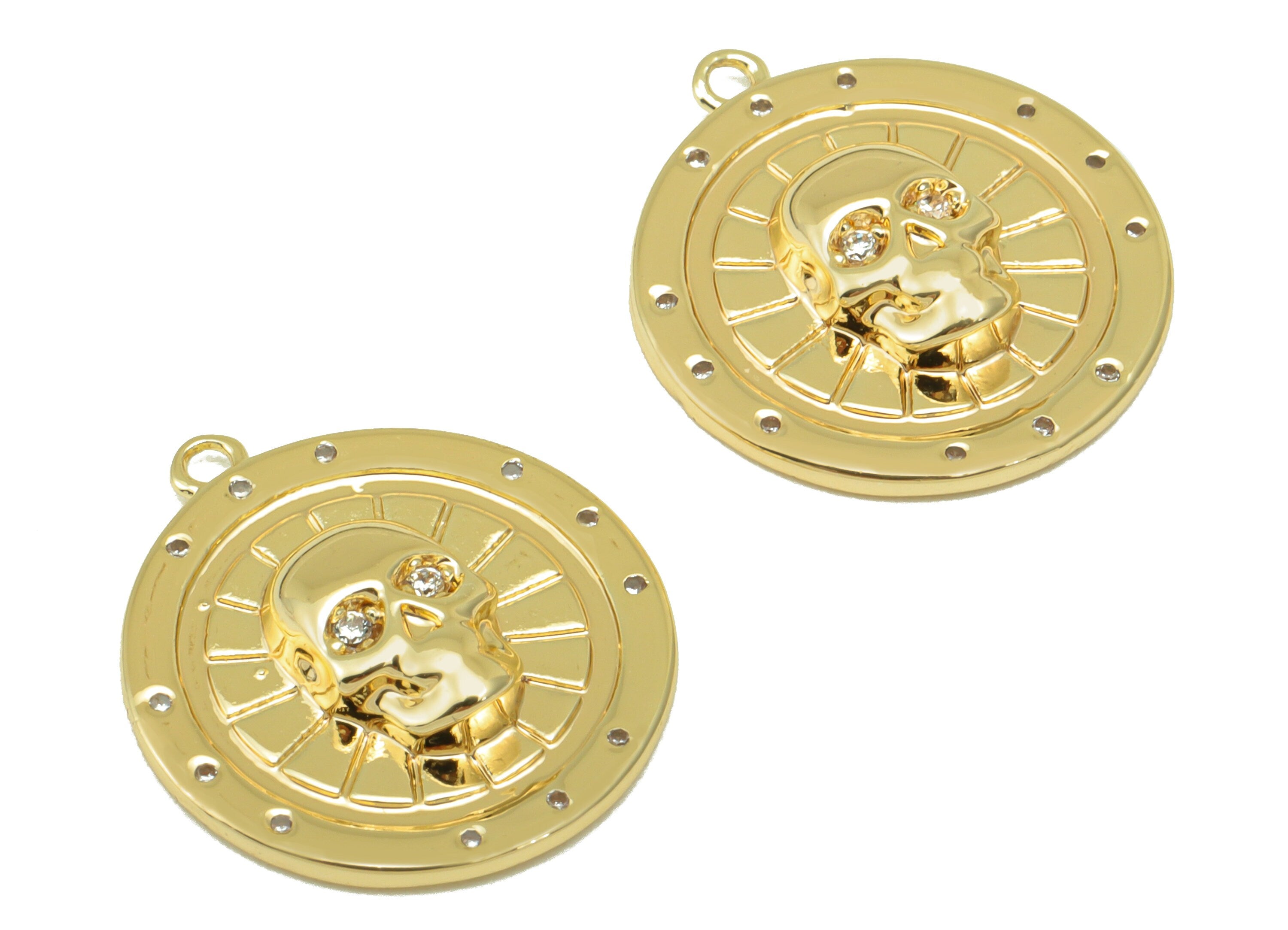 Brass Round Earring Charm - Skull Cubic Zirconia Charm - Brass CZ Skull Pendant - 18k Real Gold Plated - 19.73x 17.76 x 3.69mm- RGP6488 - DOMEDBAZAAR