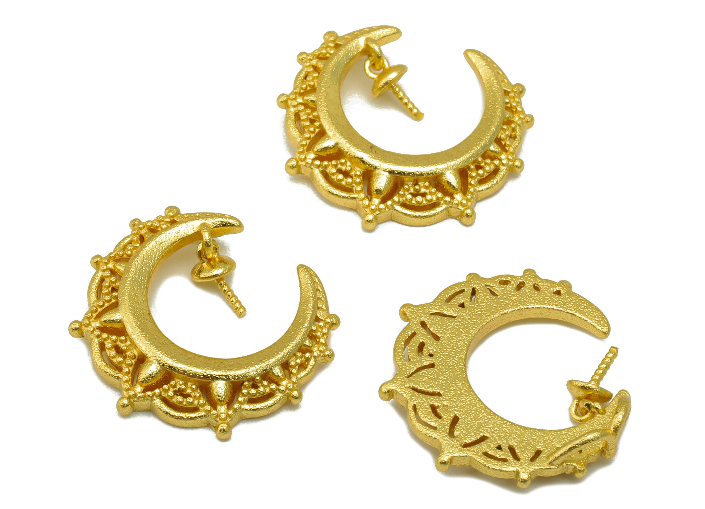 Brass Crescent Earring Charm - Brass Crown Frame Crescent Earring - Moon Pendant for Pearl - 18k Real Gold Plated - 19x18.09x2.46mm- RGP6489 - DOMEDBAZAAR
