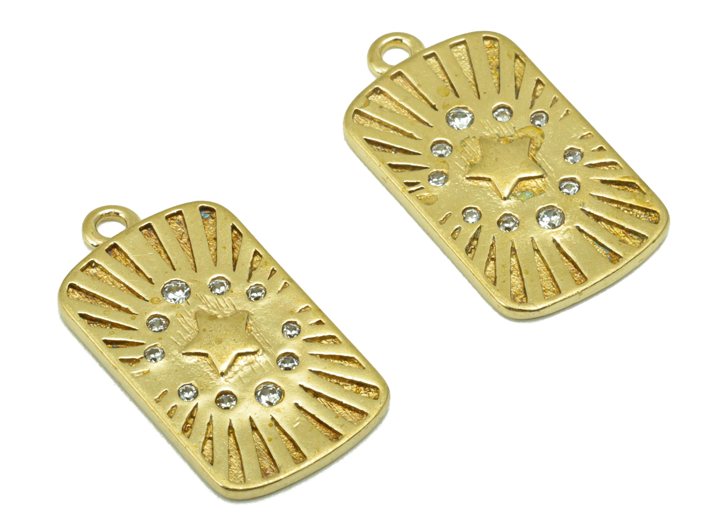 Brass Rectangle Star Pendant -Sun Patterned Brass Charm - Brass Zircon  - For Necklace - Jewelry Supplies -18.9x 10x 1.24mm --PP8492 - DOMEDBAZAAR