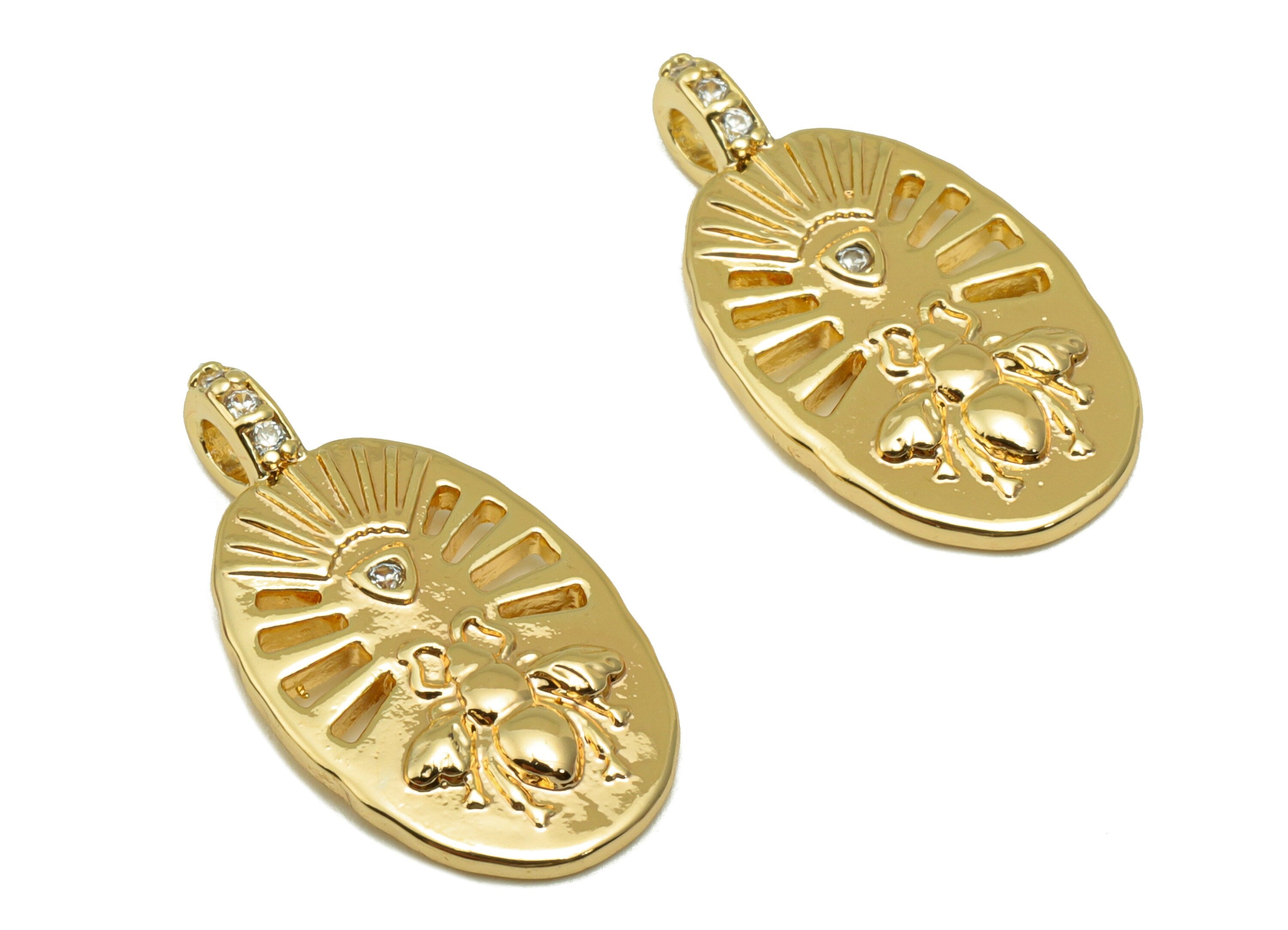 Brass Ellipse Earring Charm - Brass Bee Cubic Zirconia Charm - Insect Pendant for Pearl - 18k Real Gold Plated - 21.88x11.81x1.66mm- RGP6493 - DOMEDBAZAAR