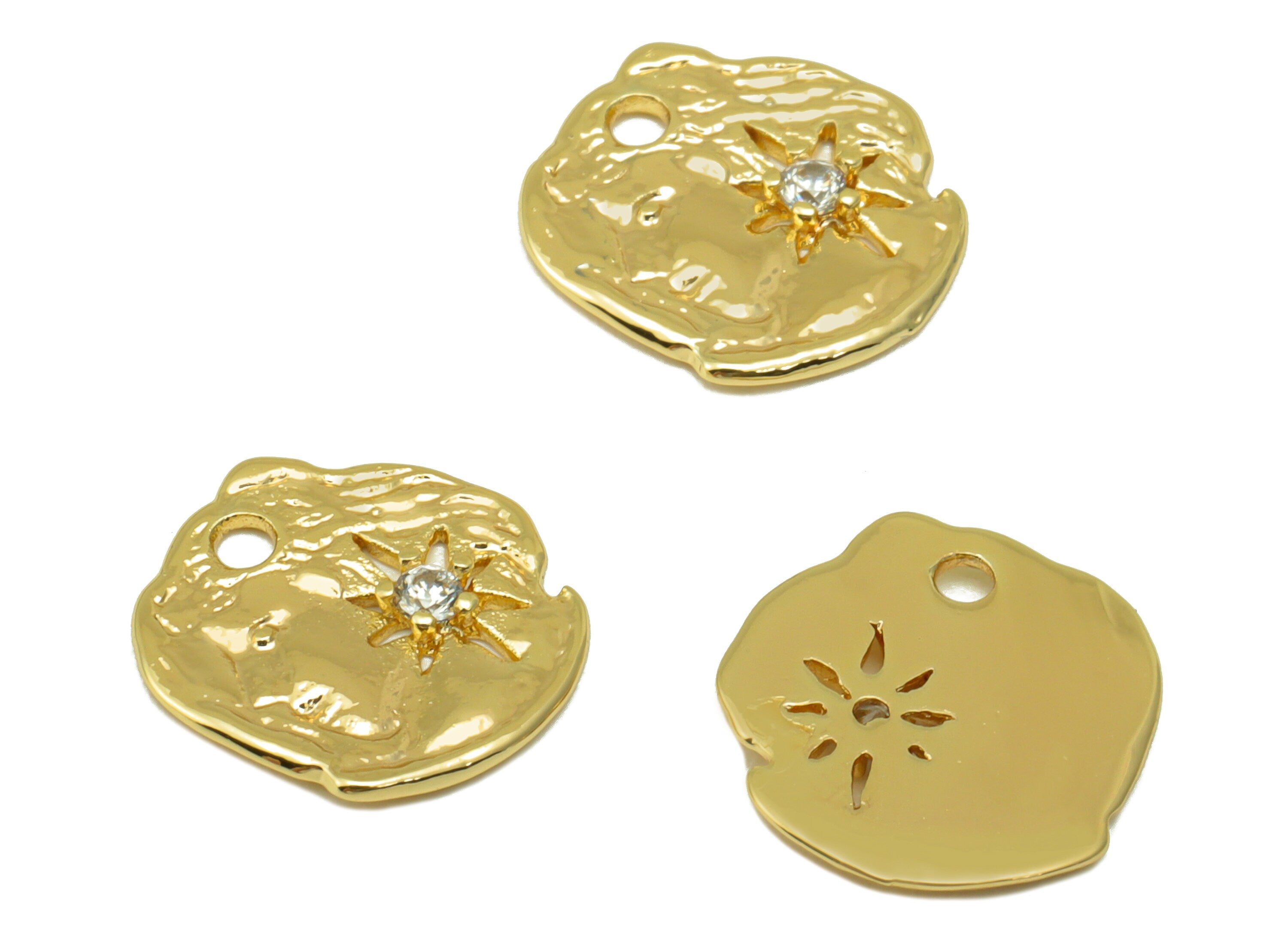 Brass Irregular Earring Charm - Brass North Star Cubic Zirconia Charm - Antique Looking Pendant- 18k Real Gold Plated -12x12x0.86mm- RGP6497 - DOMEDBAZAAR