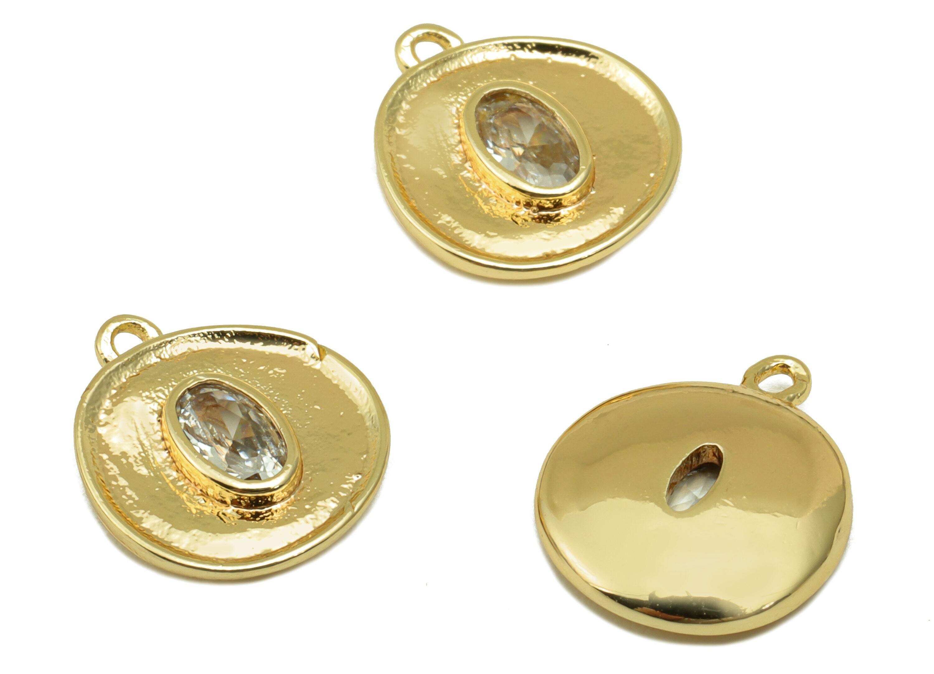 Brass Bent Round Charm - Brass Oval Cubic Zirconia Earring Charm - Textured Pendant- 18k Real Gold Plated - 12.6 x 10.77 x 2.77mm- RGP6515 - DOMEDBAZAAR