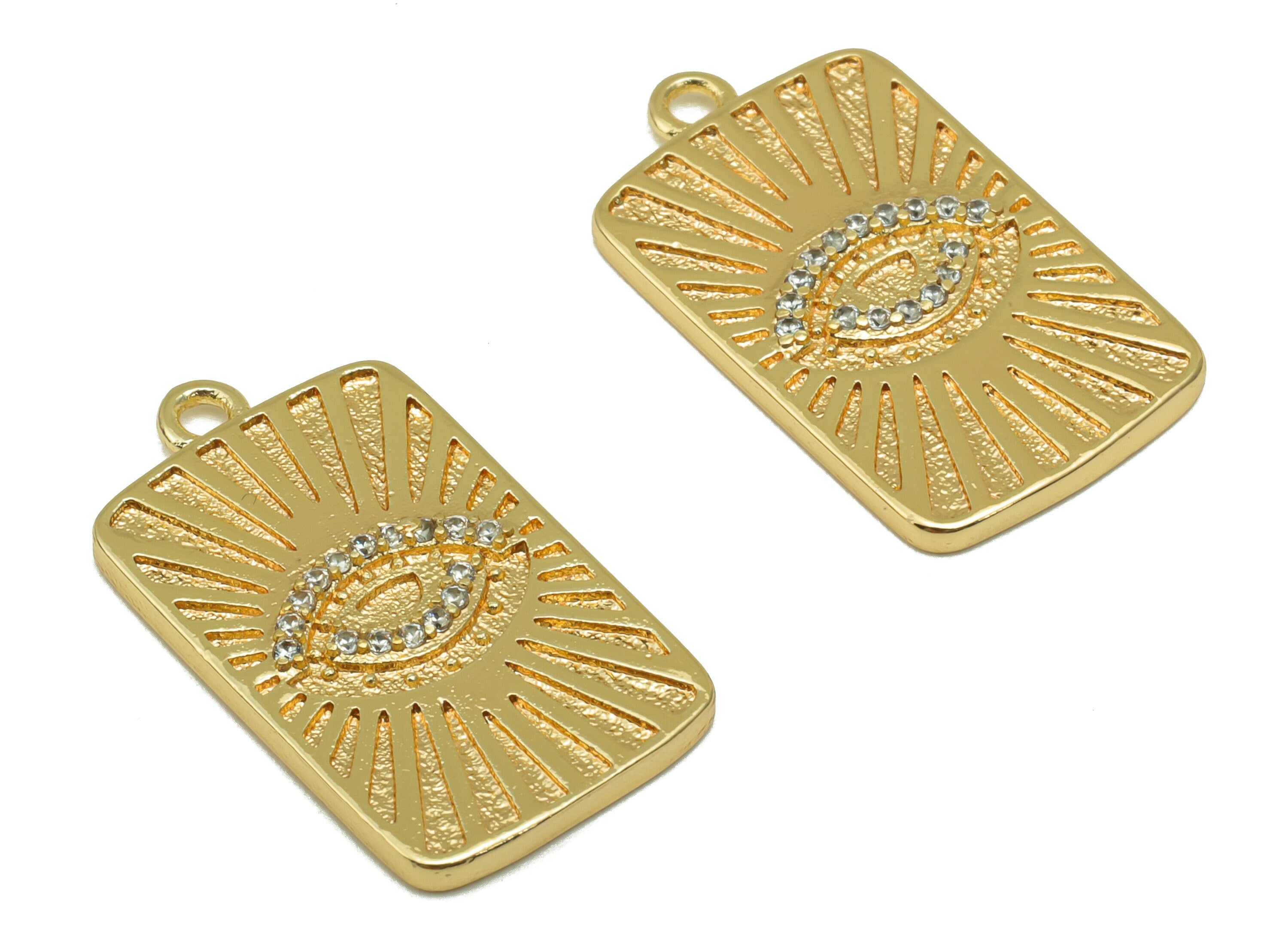 Brass Rectangle Earring Charm - Eye Cubic Zirconia Charm - Textured Pendant - For Necklace - 18k Real Gold Plated - 23.38x13.38x2mm- RGP6505 - DOMEDBAZAAR