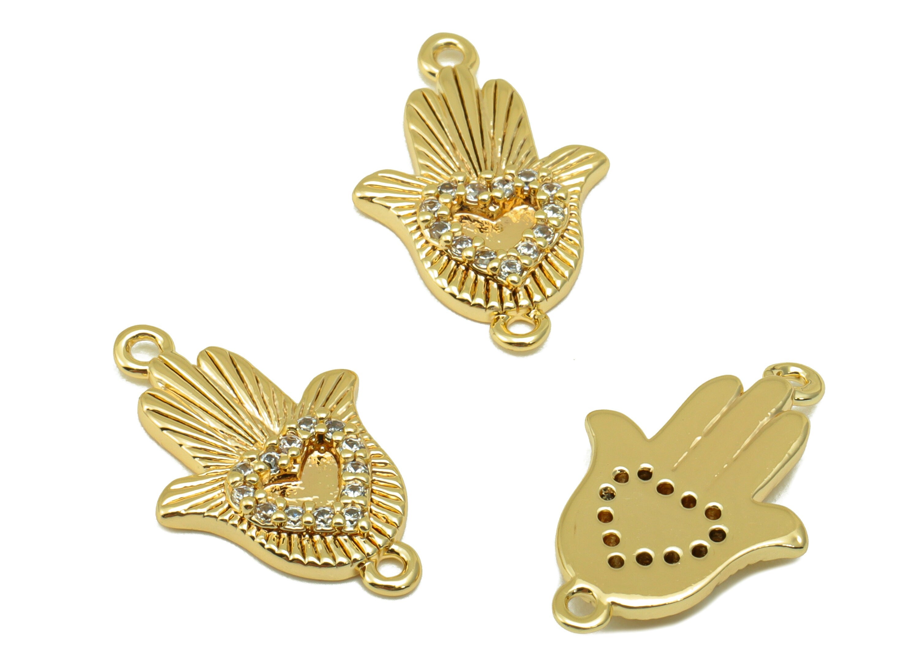 Brass Hamsa Earring Connector -Textured Heart Cubic Zirconia Charm - CZ Pendant - Bracelet Connector - 8k Real Gold Plated-19x12x2mm-RGP6556 - DOMEDBAZAAR