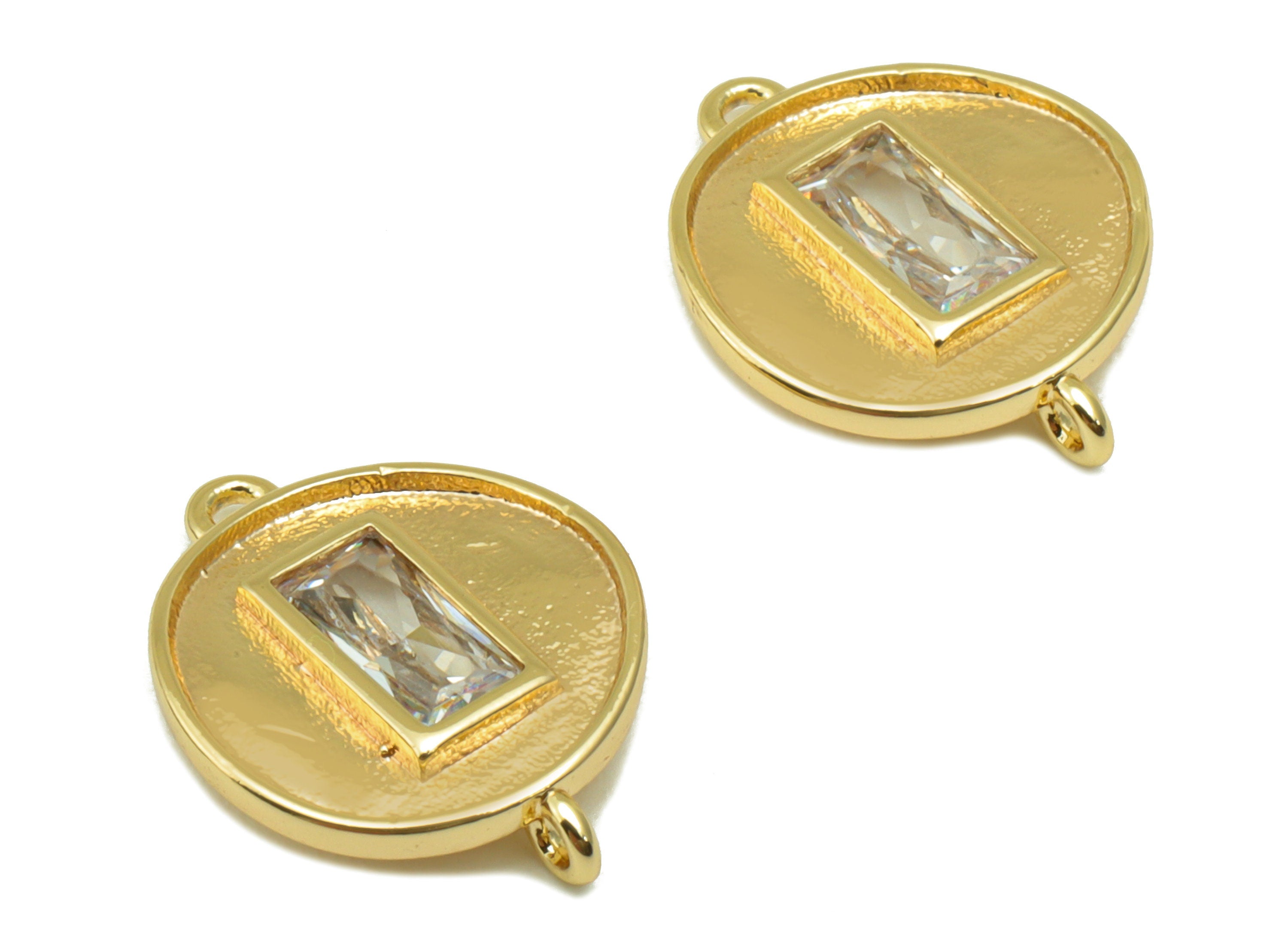 Brass Bent Round Bracelet Connector - Emerald Cubic Zirconia Charm - Textured Pendant- Earring Charm -18k Real Gold Plated-14x11x3mm-RGP6558 - DOMEDBAZAAR