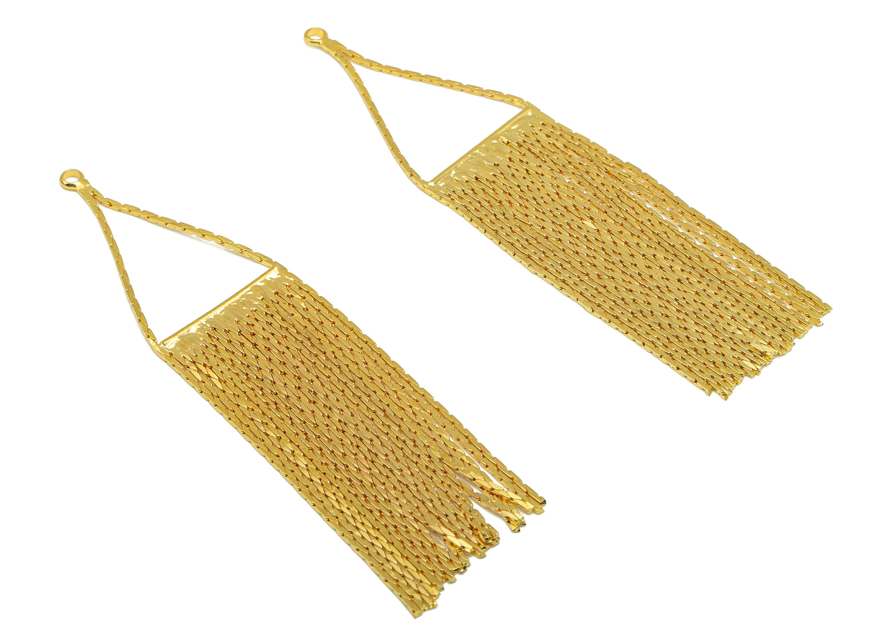 Brass Snake Chain Tassel Earrings - Brass Tassel Charm - Triangle Tassel Pendant - 18k Real Gold Plated - 73.63x18.88x 0.98mm- RGP6560 - DOMEDBAZAAR