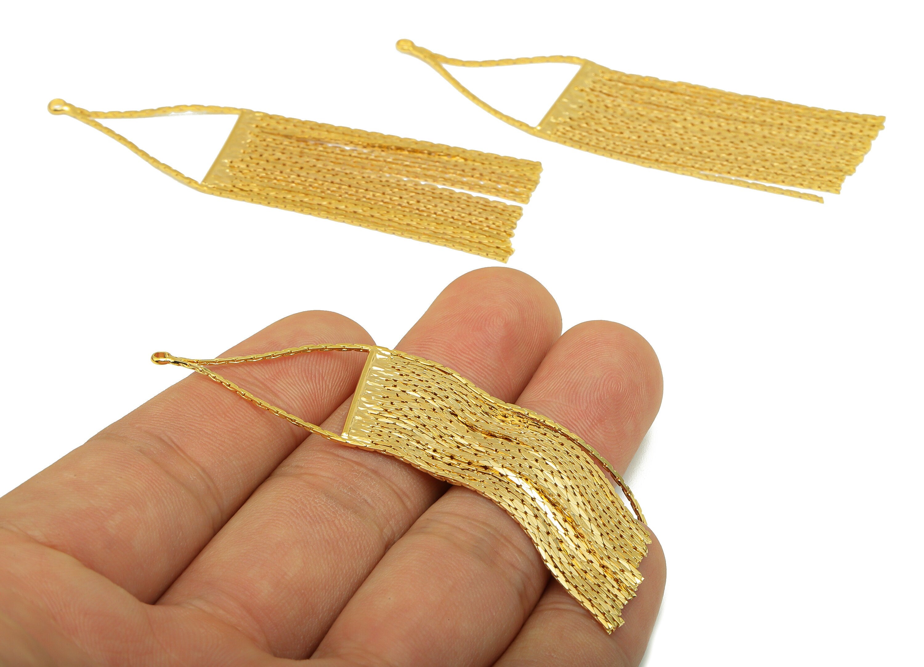 Brass Snake Chain Tassel Earrings - Brass Tassel Charm - Triangle Tassel Pendant - 18k Real Gold Plated - 73.63x18.88x 0.98mm- RGP6560 - DOMEDBAZAAR