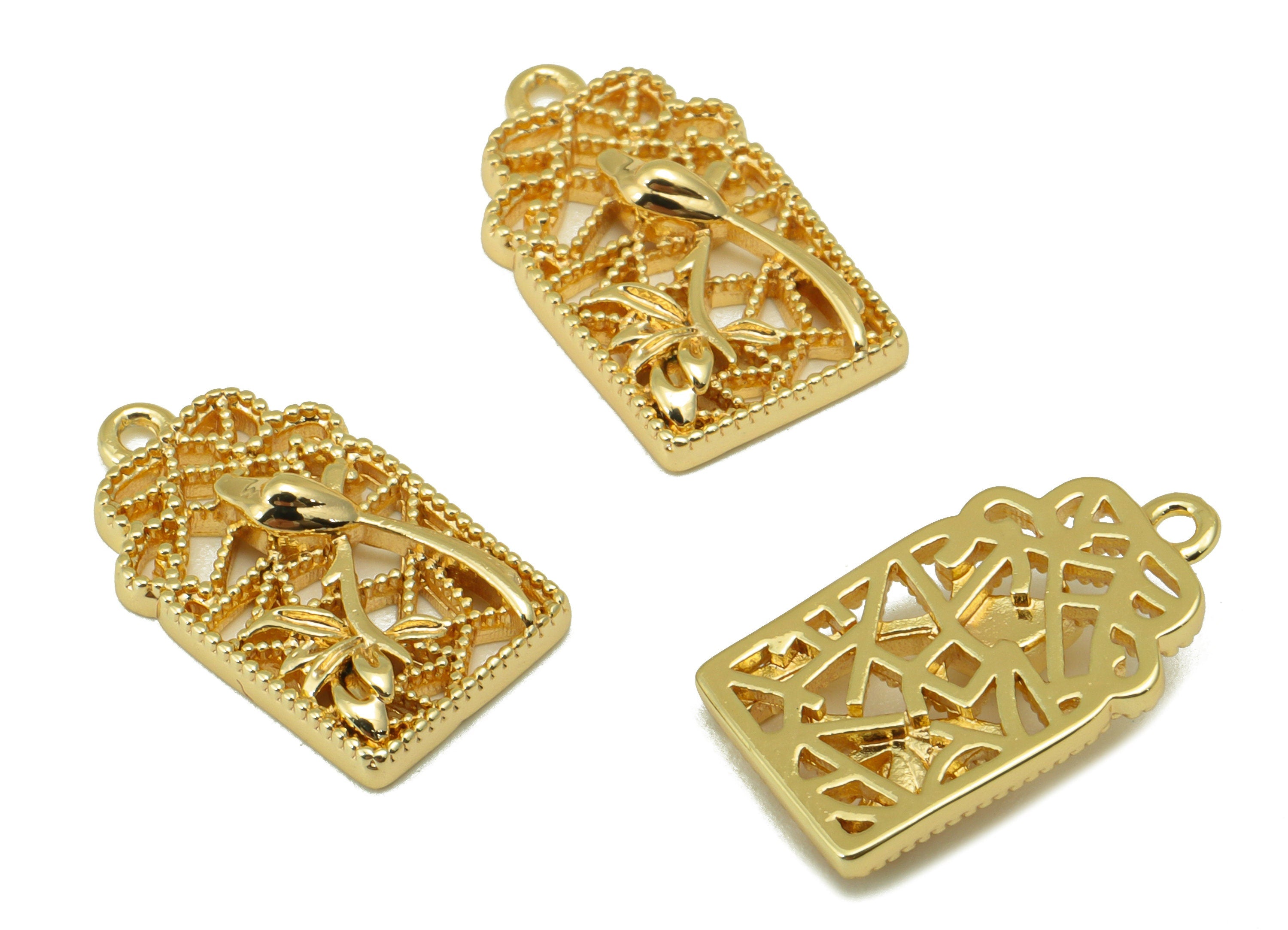 Brass Vase Charm - Brass Hollow Charm For Pendant - Vase Flower Charm - For Necklace - 18K Real Gold Plated - 17.29x10x 2.22mm - RGP6225 - DOMEDBAZAAR