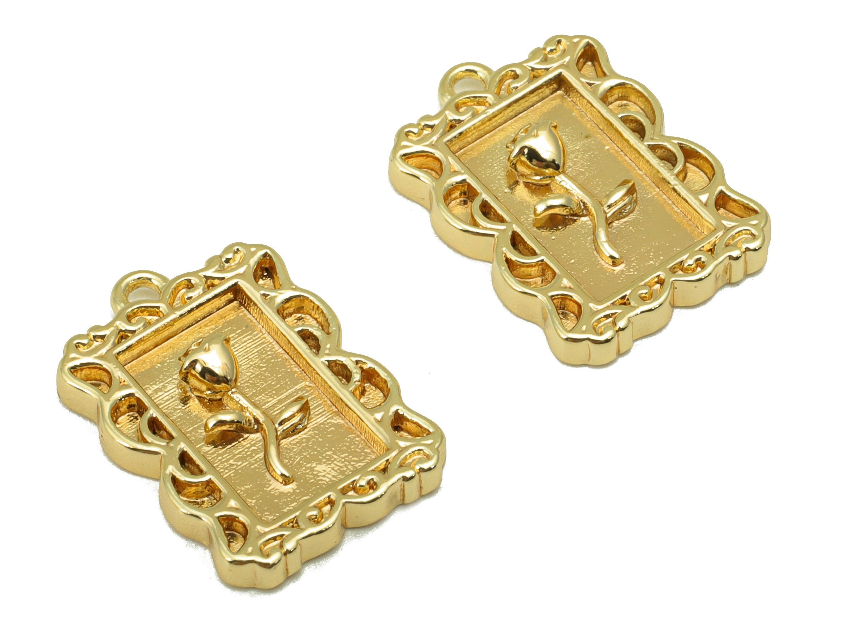 Brass Rose Charm - Brass Flower For Pendant - Lace Rectangle Rose Charm - For Necklace - 18K Real Gold Plated - 17.27x 12 x 1.91mm - RGP6227 - DOMEDBAZAAR
