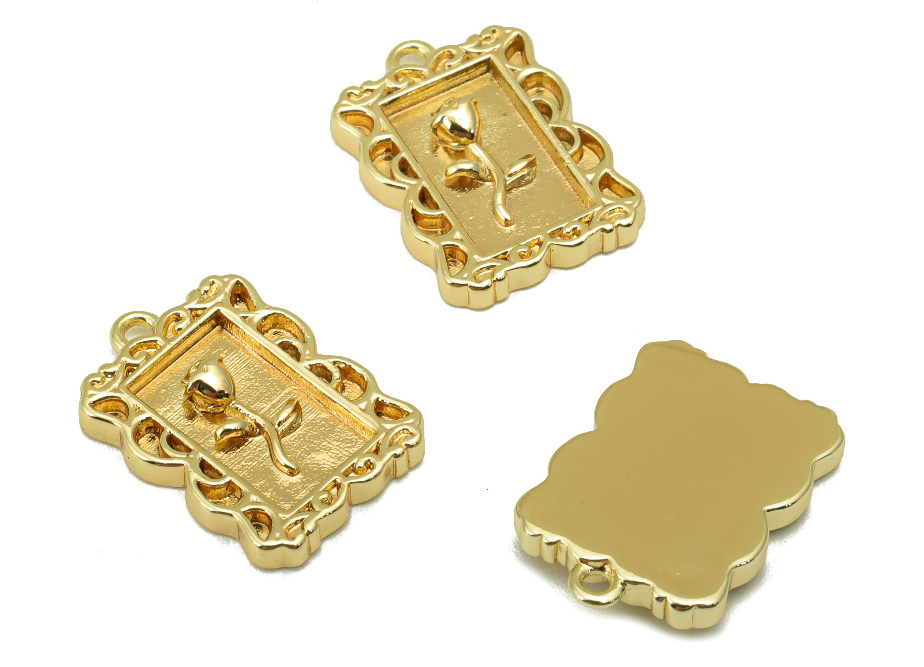 Brass Rose Charm - Brass Flower For Pendant - Lace Rectangle Rose Charm - For Necklace - 18K Real Gold Plated - 17.27x 12 x 1.91mm - RGP6227 - DOMEDBAZAAR