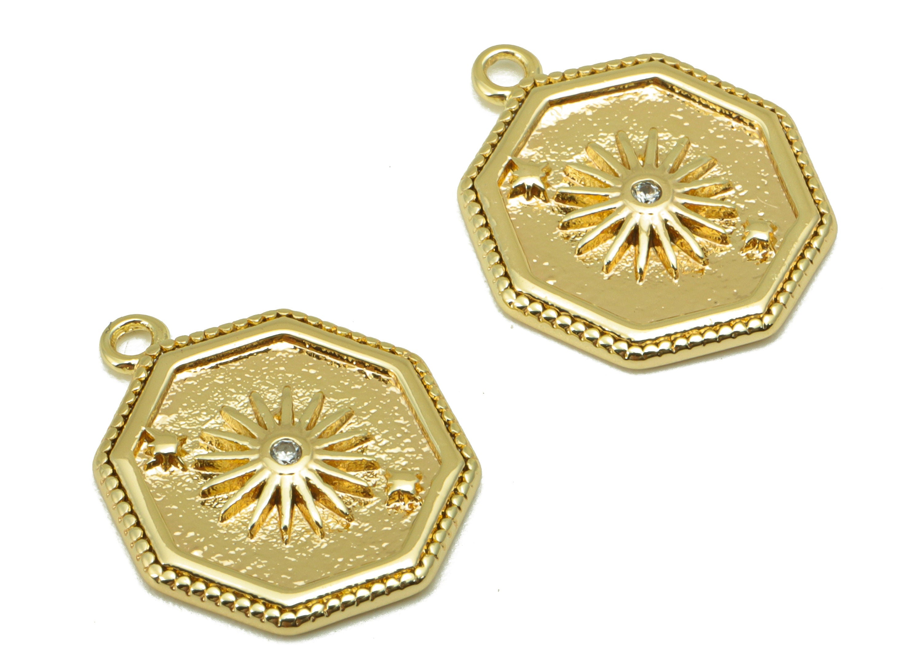 Brass Sun Charm - Brass Octagon Star Charm For Pendant - Cubic Zirconia Charm - For Necklace - 18K Real Gold Plated -17.6x14x1.7mm - RGP6230 - DOMEDBAZAAR