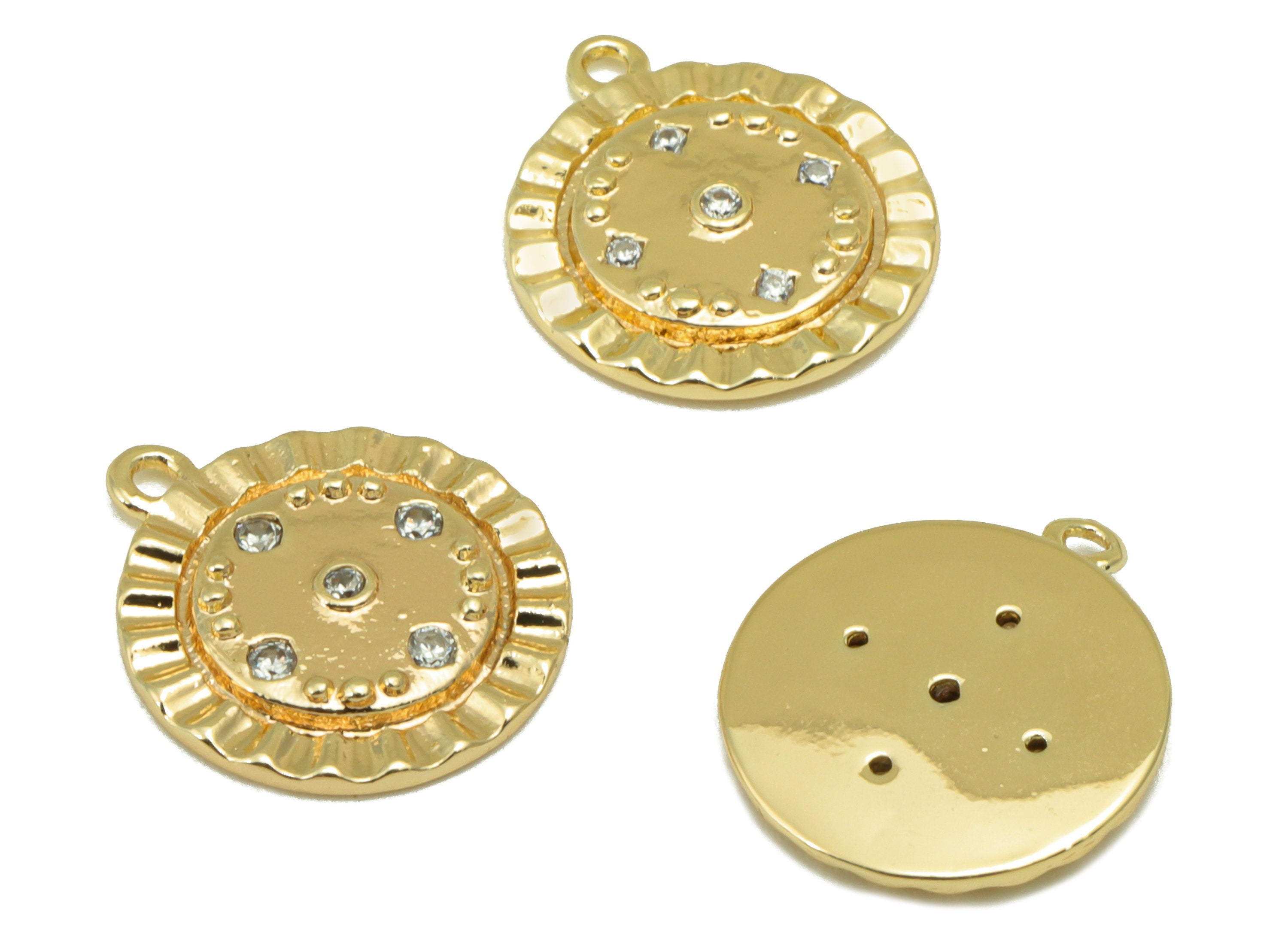 Brass Round Charm - Brass Cubic Zirconia Charm - Lace Dot Earring Charm - For Necklace - 18K Real Gold Plated -13.69x12x1.7mm - RGP6254 - DOMEDBAZAAR