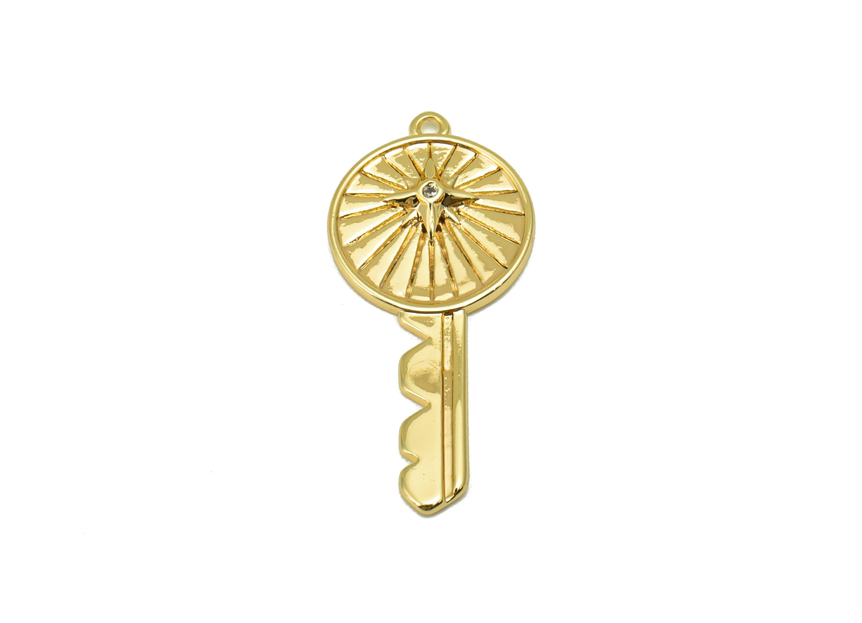 Brass Key Charm - Brass Cubic Zirconia Charm - North Star Earring Charm - For Necklace - 18K Real Gold Plated - 30x 13x 2.21mm - RGP6345 - DOMEDBAZAAR