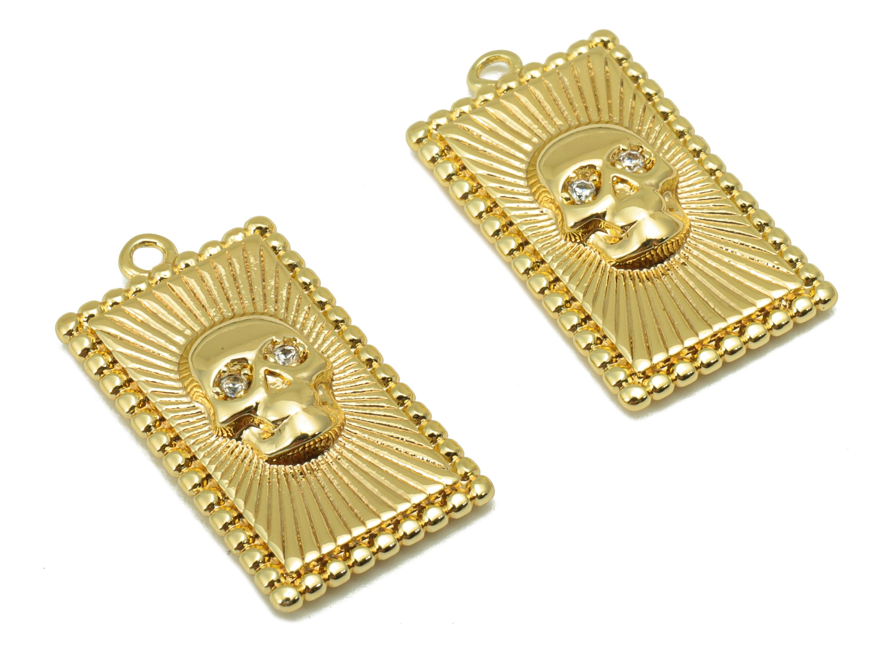 Brass Rectangle Charm - Brass Skull Charm - Rectangle Skull Charm For Pendant -Cubic Zirconia - 18K Real Gold Plated - 21x11.5x3mm - RGP6364 - DOMEDBAZAAR