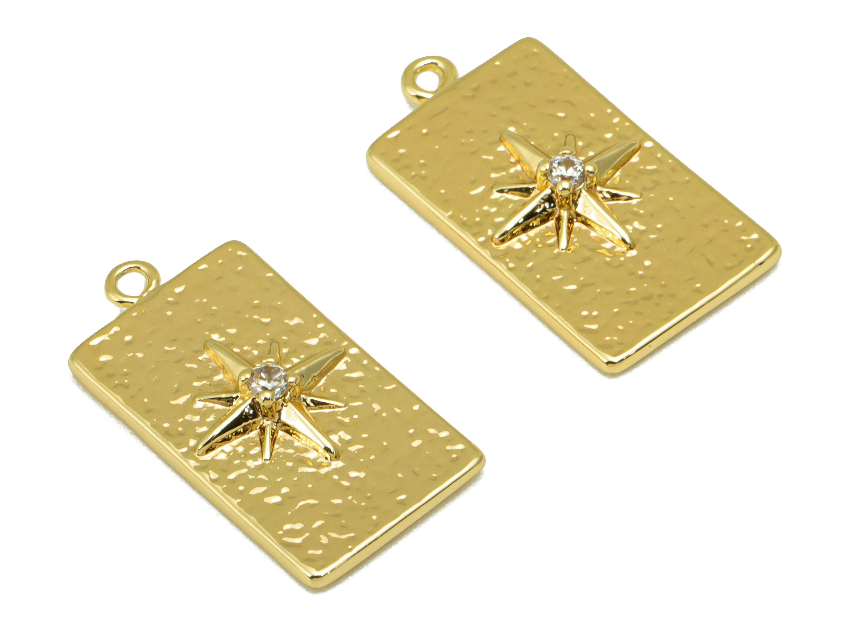 Brass Rectangle Charm - Brass Hammered Star Charm - North Star Charm For Pendant -Cubic Zirconia - 18K Real Gold Plated - 21x11x4mm- RGP6394 - DOMEDBAZAAR