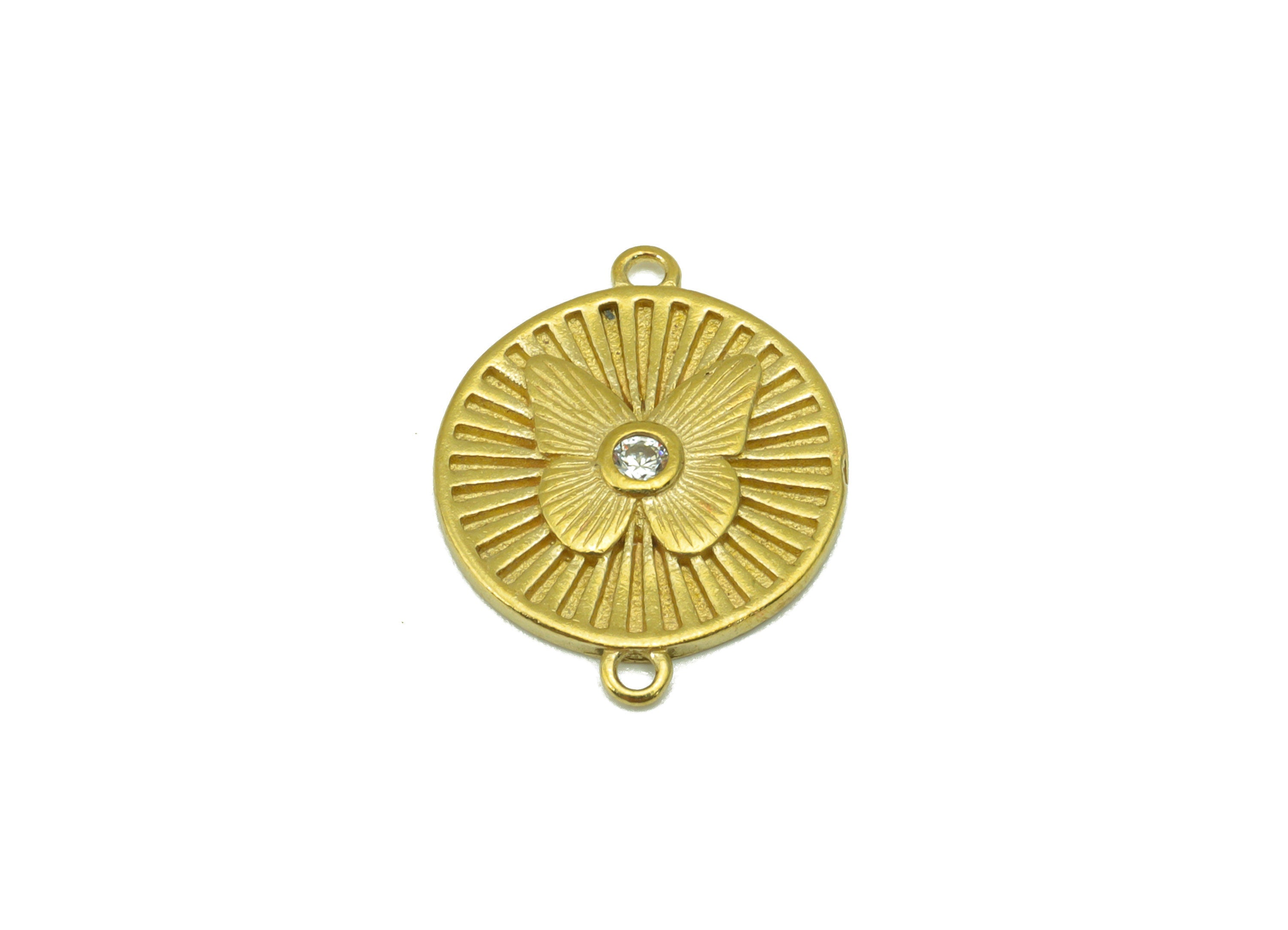 Brass Round Butterfly Connector - Textured Butterfly CZ Brass - Cubic Zircon Connector - Jewelry Supplies -19 x 15 x 2.01mm-PP8497 - DOMEDBAZAAR