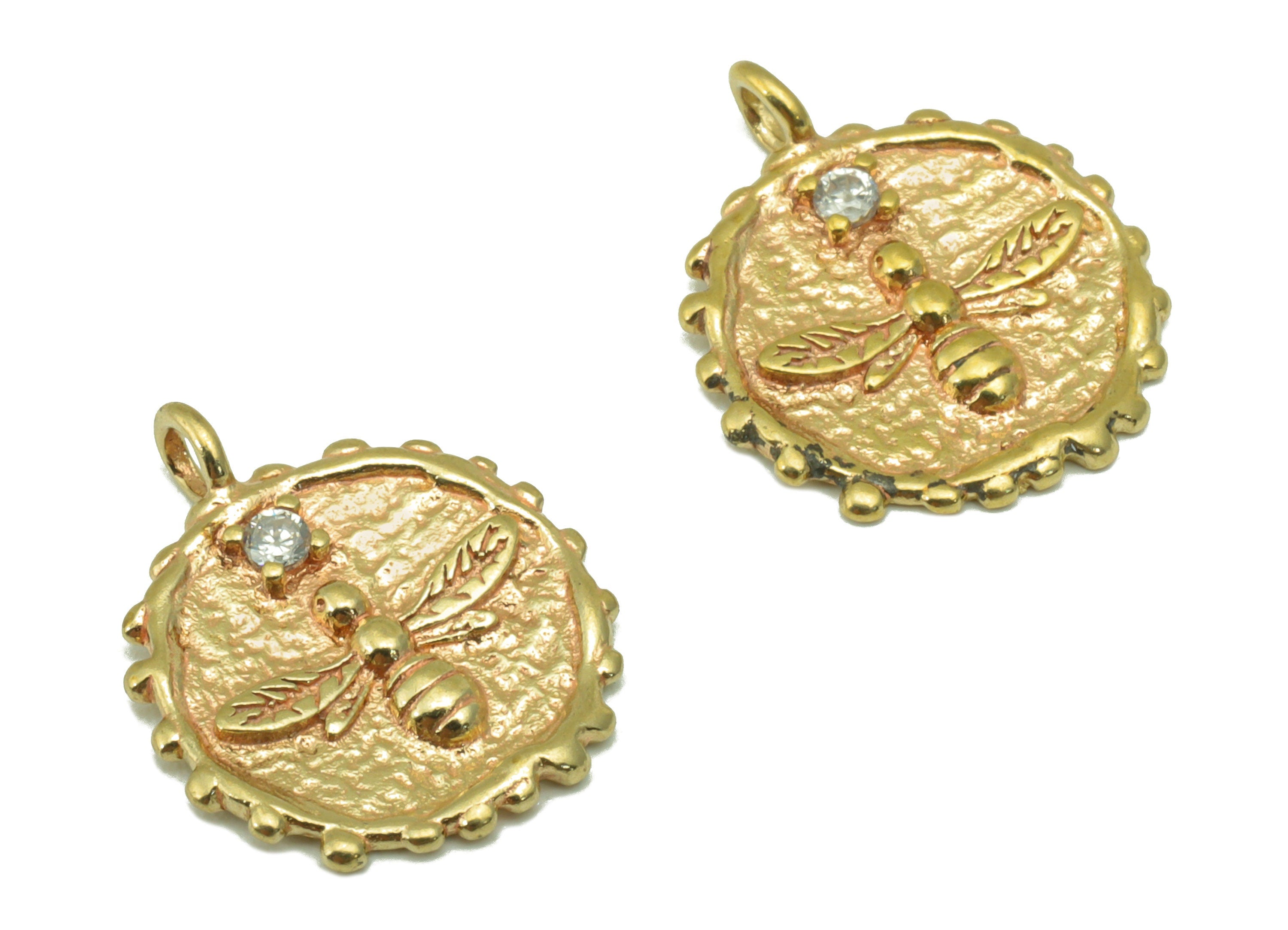 Brass Round Bee Charm - Hammered Brass Bee - Cubic Zircon - Animal Pendant- Jewelry Supplies -19 x 15 x 2.01mm-PP8490 - DOMEDBAZAAR