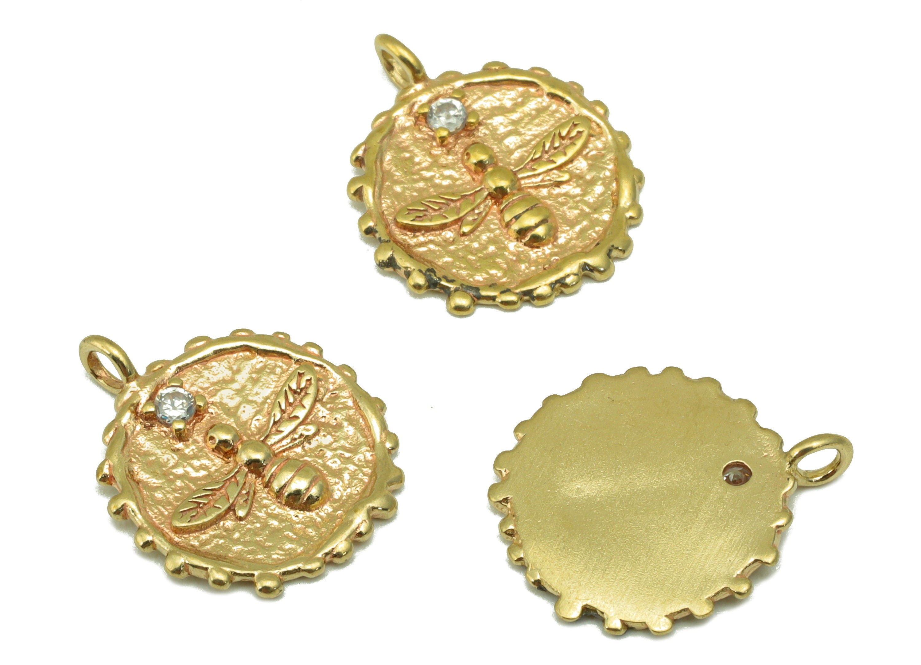 Brass Round Bee Charm - Hammered Brass Bee - Cubic Zircon - Animal Pendant- Jewelry Supplies -19 x 15 x 2.01mm-PP8490 - DOMEDBAZAAR